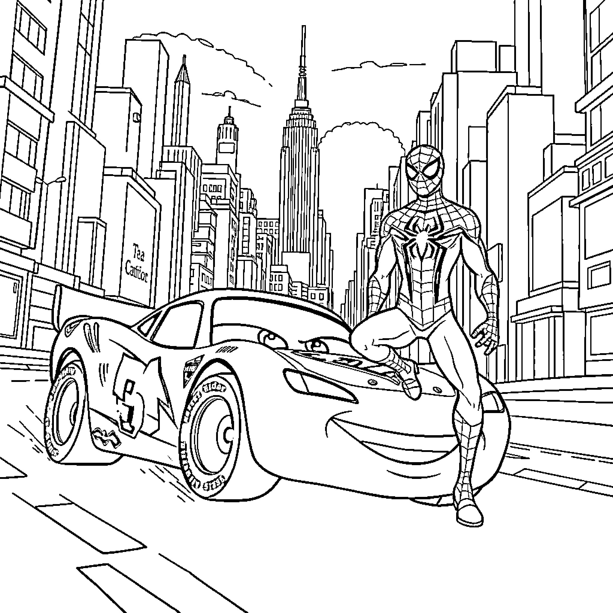 Rayo McQueen and Spider-Man in New York City Coloring Page (free black-and-white line drawing printable PDF for all, from beginners to advanced learners, including children, teens, adults, and seniors)