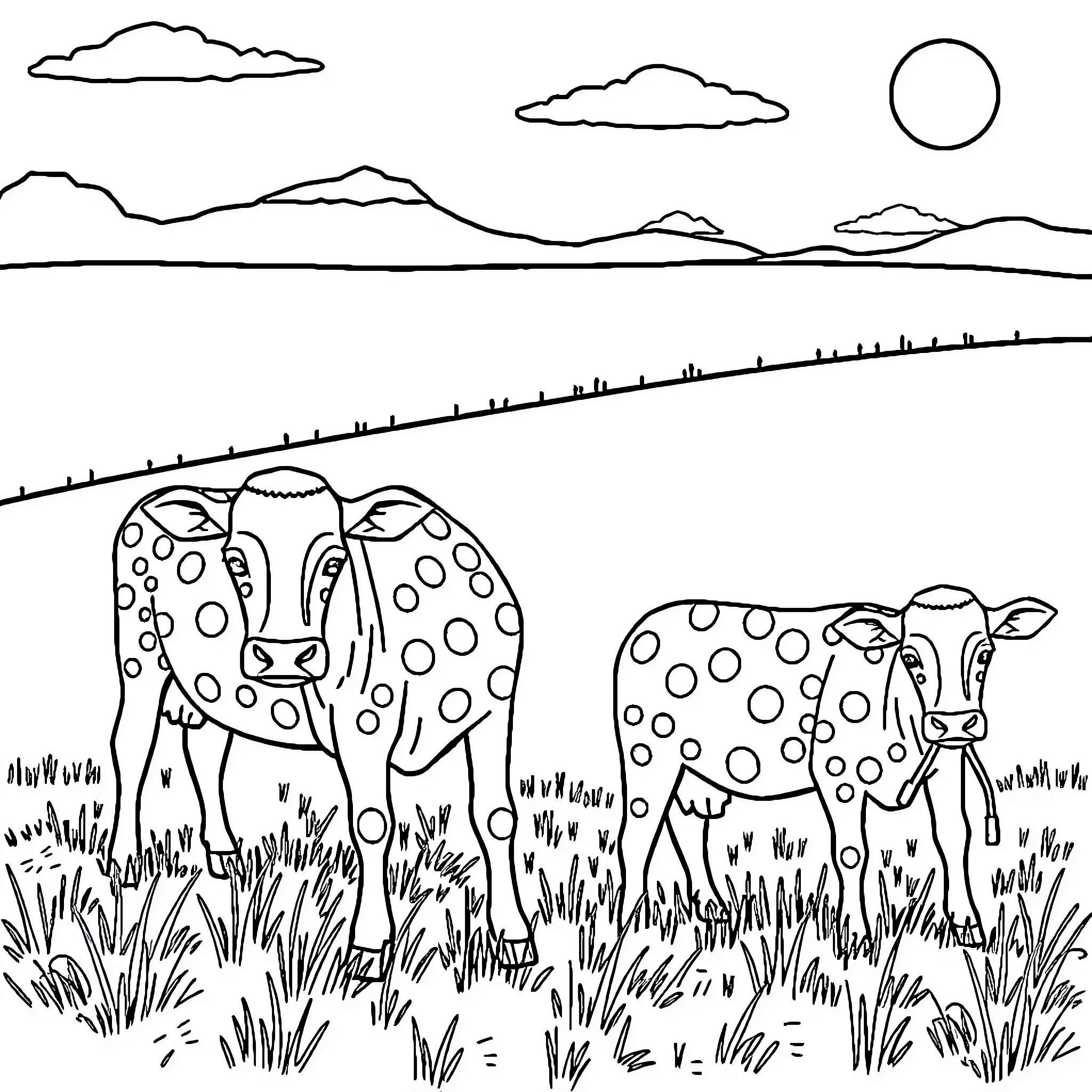 Cow friends enjoying the countryside view Coloring Page (free black-and-white line drawing printable PDF for all, from beginners to advanced learners, including children, teens, adults, and seniors)