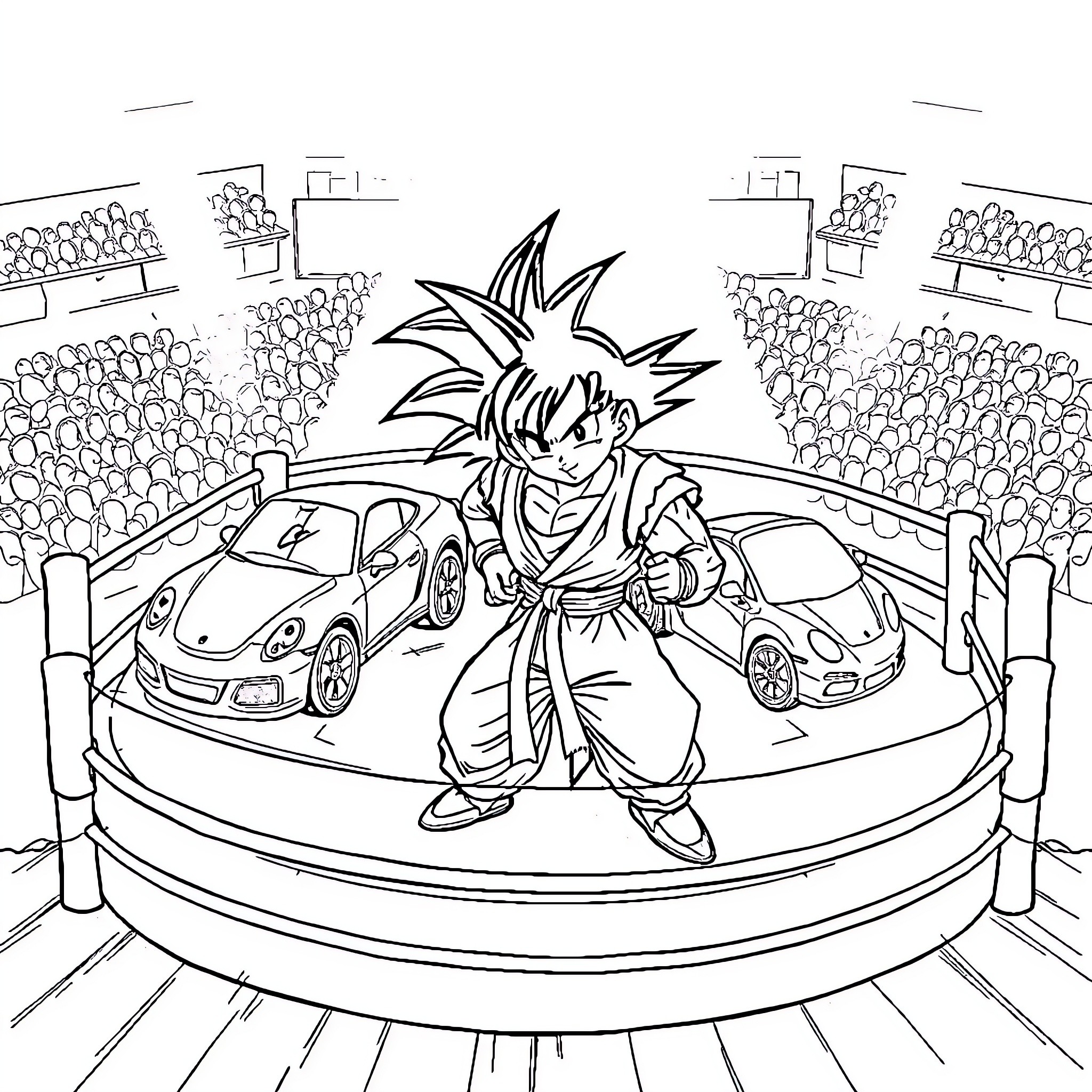 Car Racing with Anime Character Coloring Page (free black-and-white line drawing printable PDF for all, from beginners to advanced learners, including children, teens, adults, and seniors)