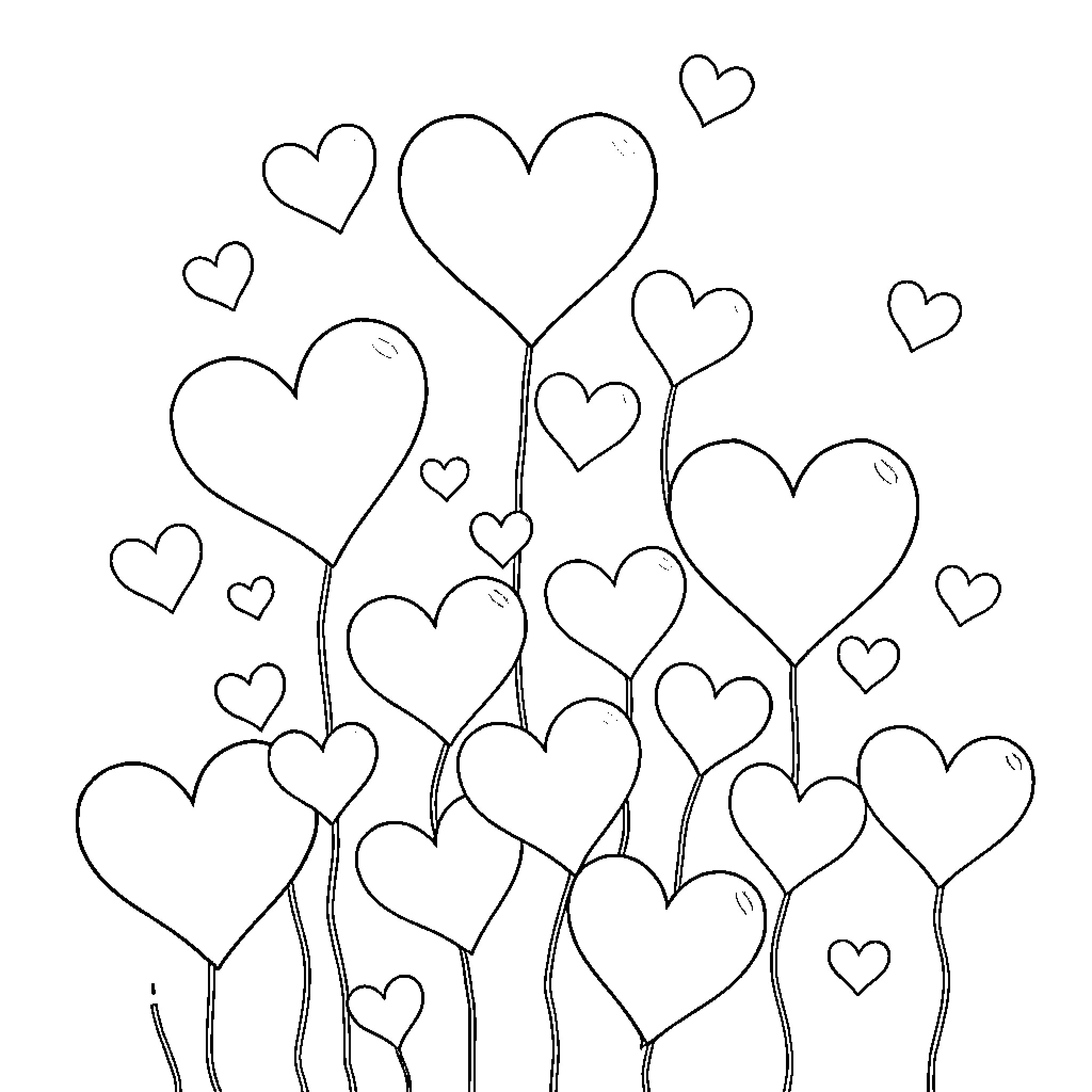 Heart-shaped Balloons Floating in the Sky Coloring Page (free black-and-white line drawing printable PDF for all, from beginners to advanced learners, including children, teens, adults, and seniors)
