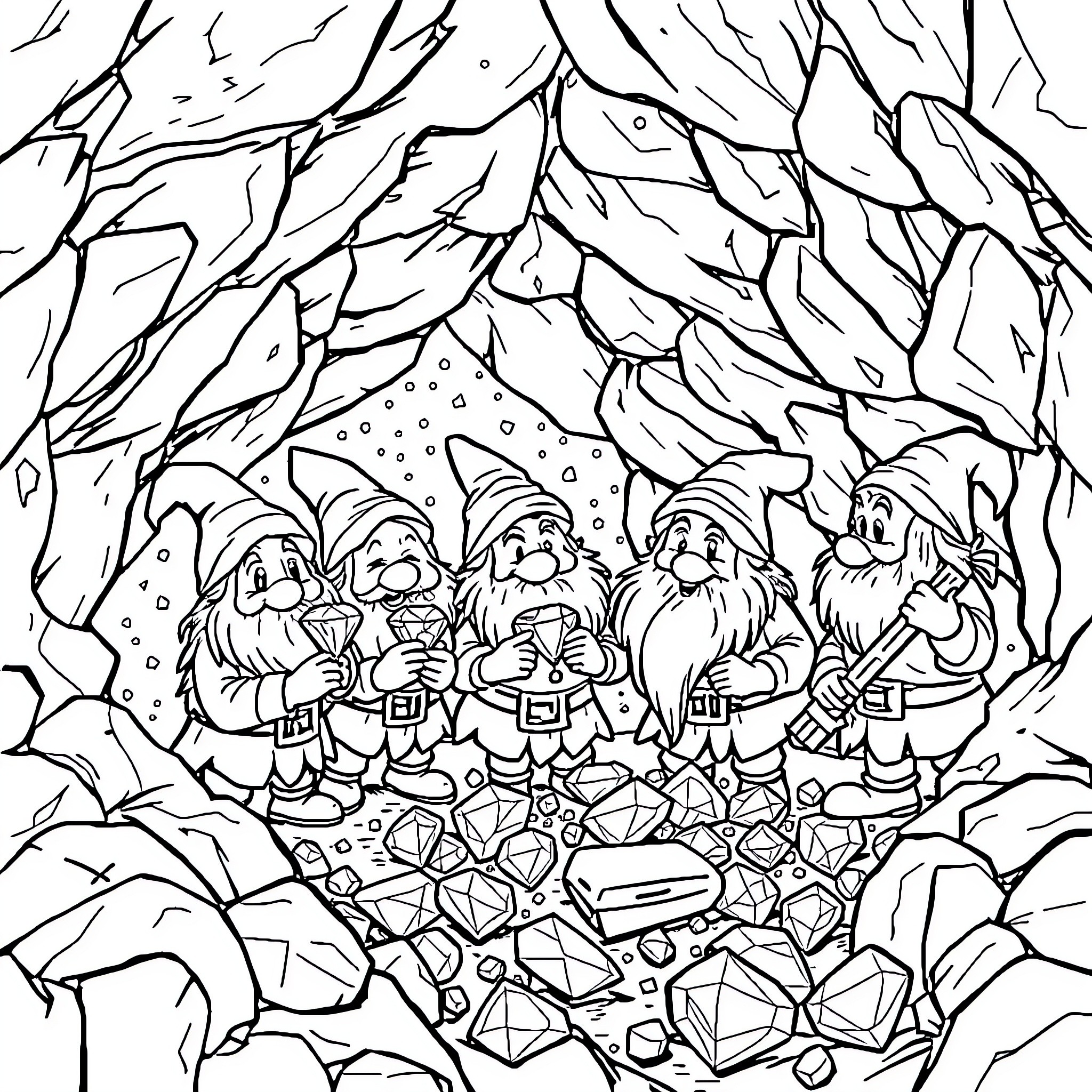 Dwarves Gathered around Treasure in Snowy Cave Coloring Page (free black-and-white line drawing printable PDF for all, from beginners to advanced learners, including children, teens, adults, and seniors)