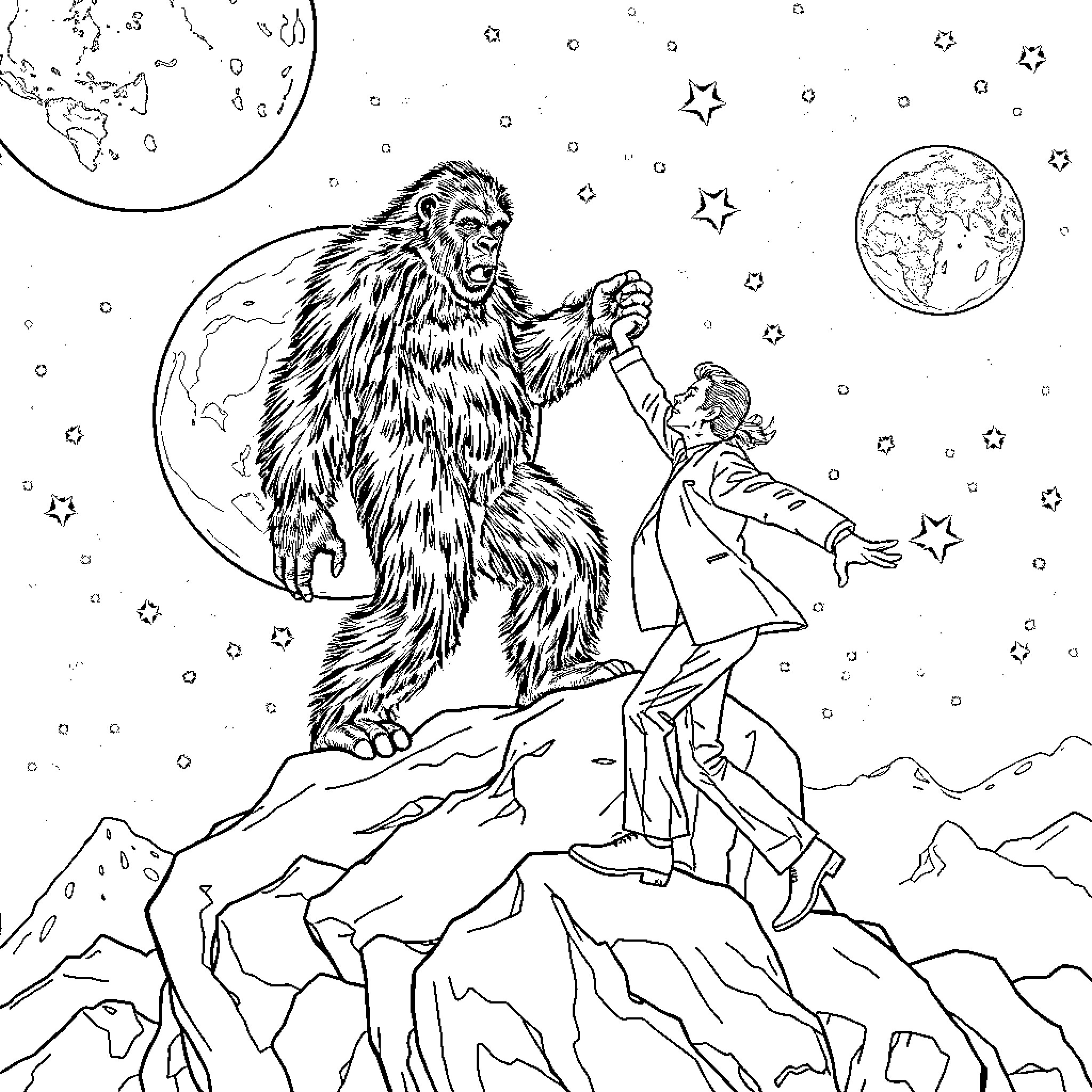 Bigfoot and the adventurer exploring the starry night Coloring Page (free black-and-white line drawing printable PDF for all, from beginners to advanced learners, including children, teens, adults, and seniors)