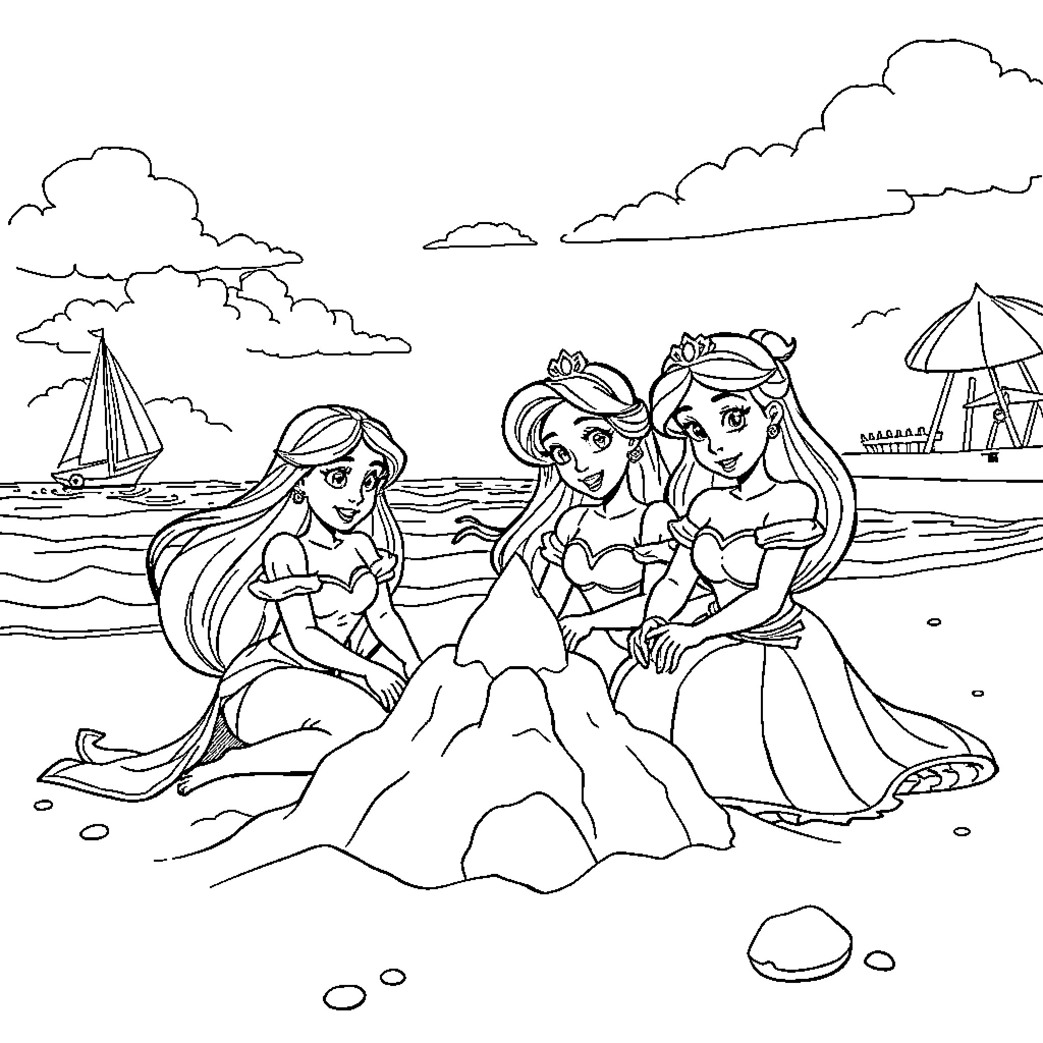 Disney Princesses relaxing on the beach Coloring Page (free black-and-white line drawing printable PDF for all, from beginners to advanced learners, including children, teens, adults, and seniors)