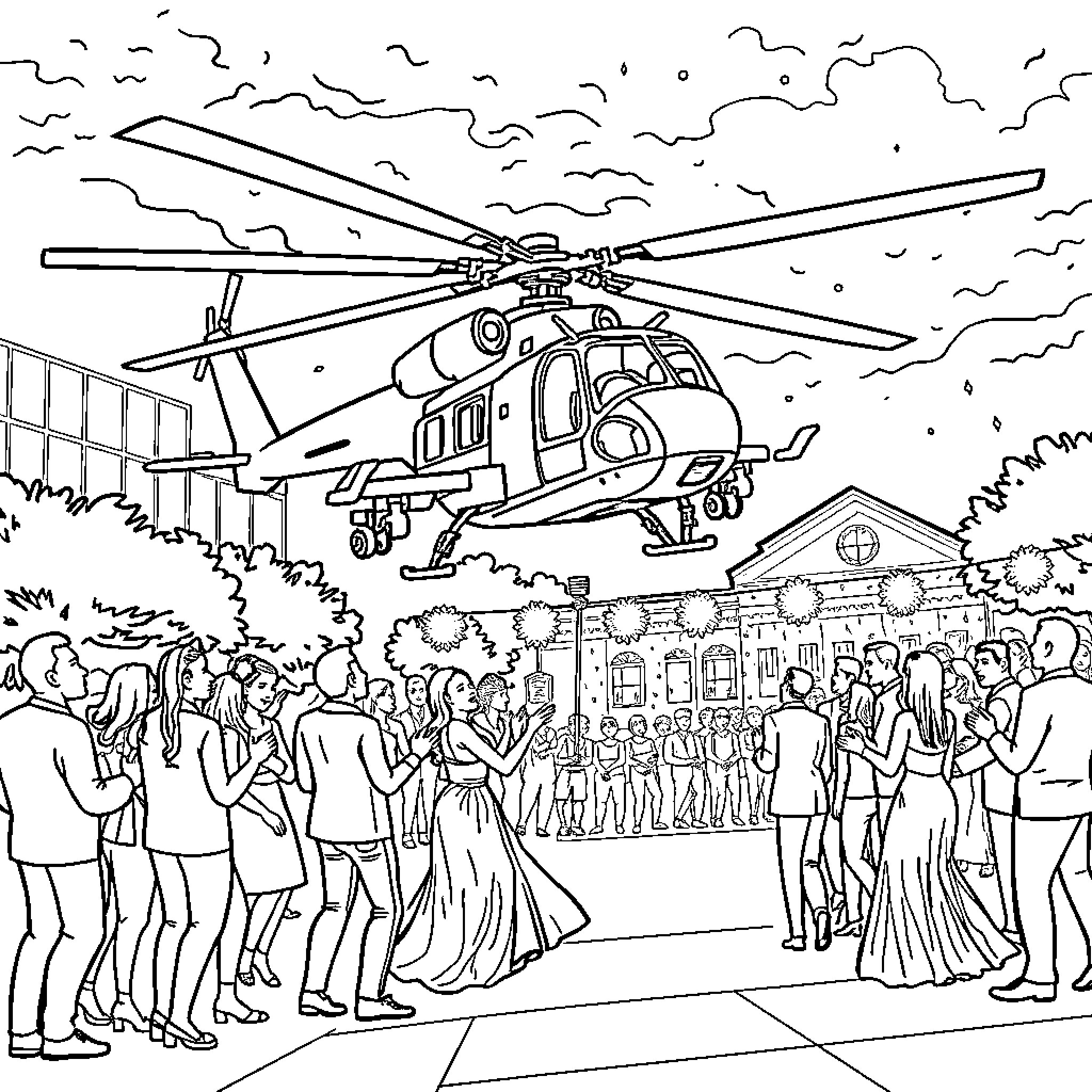 Apache Helicopter flying over a crowd of people Coloring Page (free black-and-white line drawing printable PDF for all, from beginners to advanced learners, including children, teens, adults, and seniors)