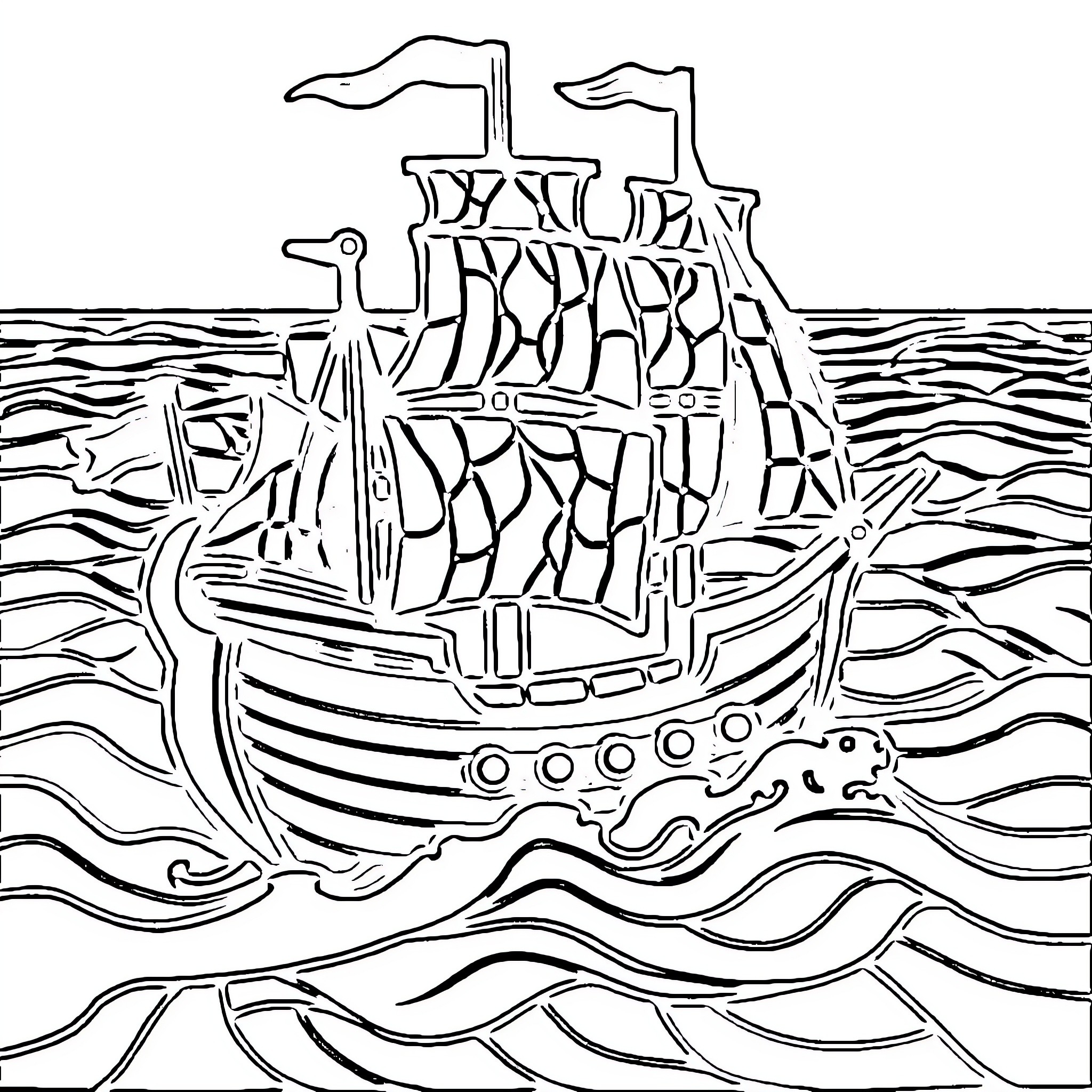 Pirate Ship Sailing on Stormy Seas Coloring Page (free black-and-white line drawing printable PDF for all, from beginners to advanced learners, including children, teens, adults, and seniors)