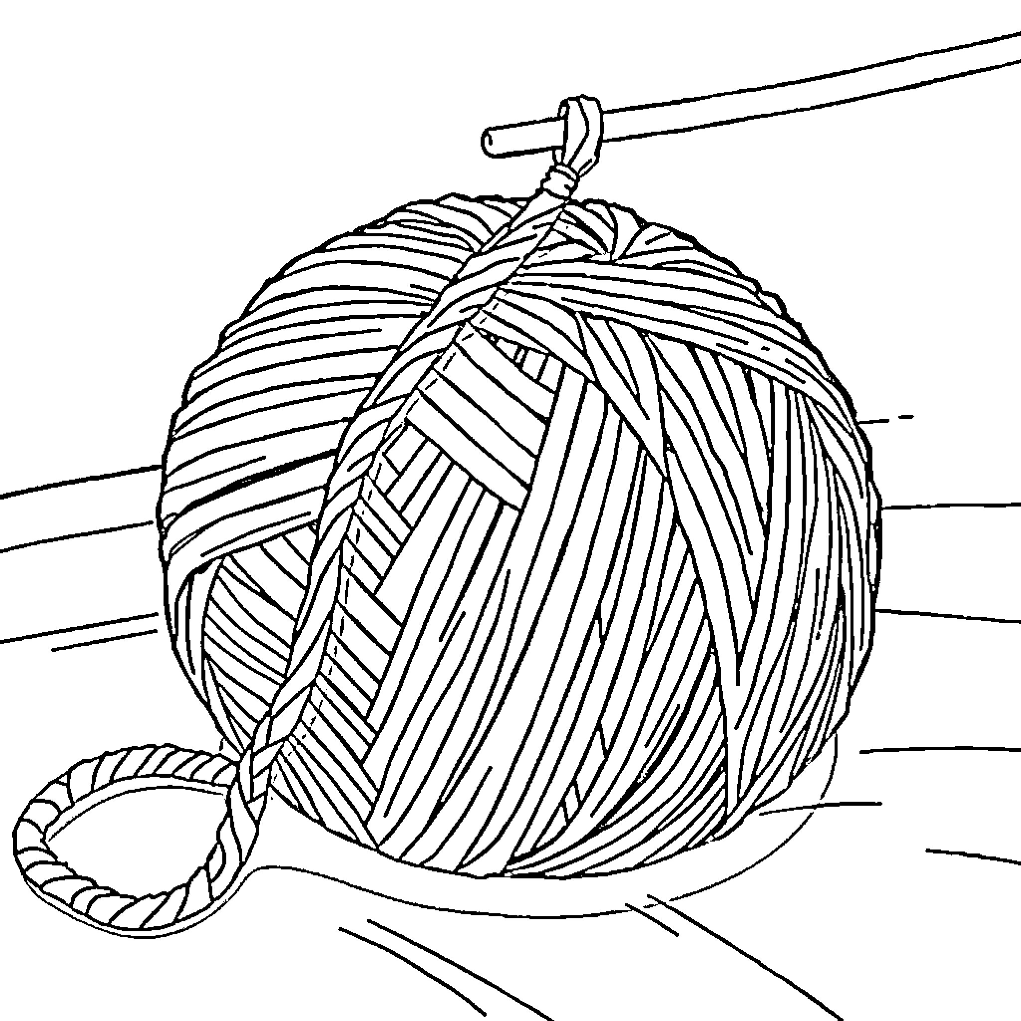 Yarn ball and needles in a minimalist sketch Coloring Page (free black-and-white line drawing printable PDF for all, from beginners to advanced learners, including children, teens, adults, and seniors)