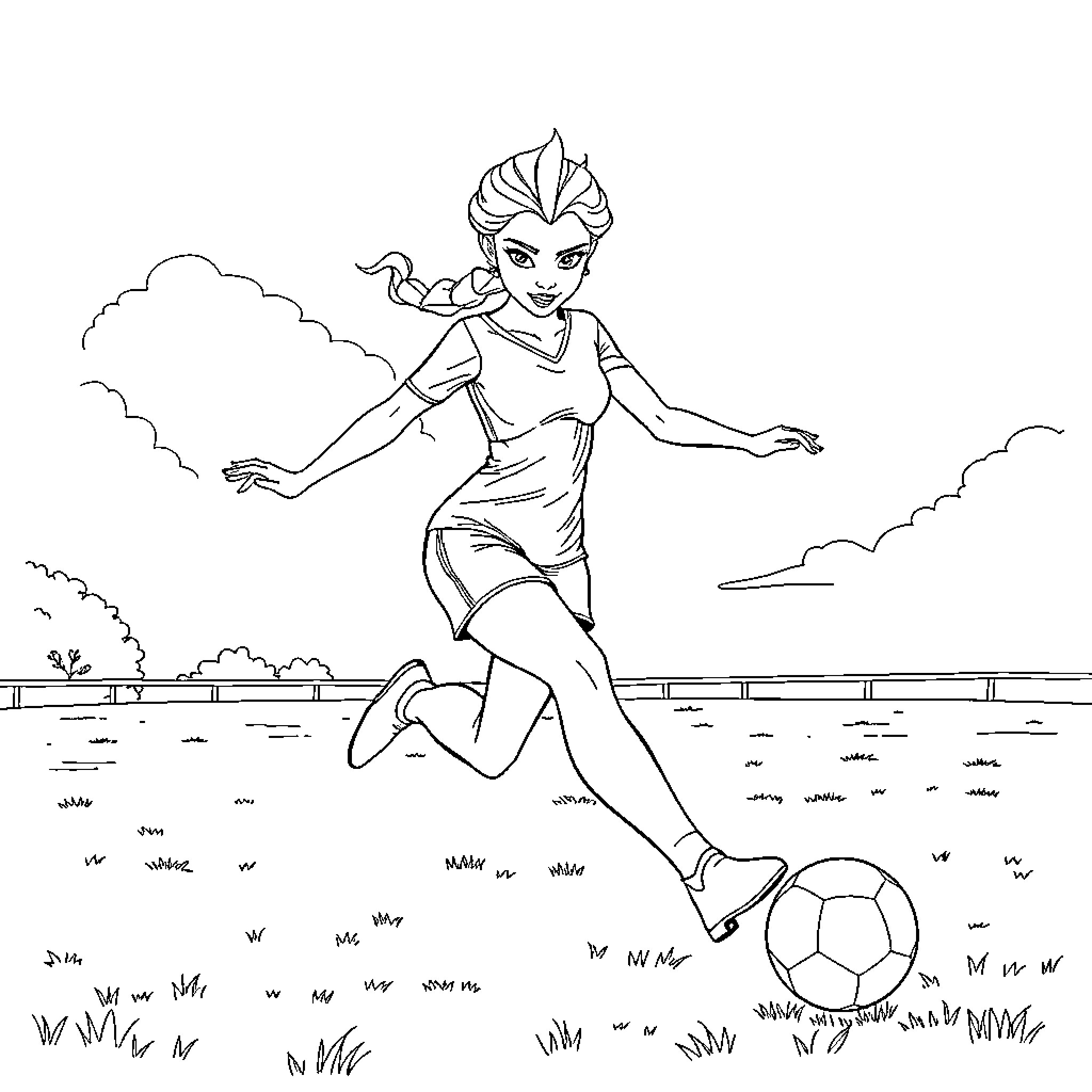 Elsa Kicking a Soccer Ball on the Field Coloring Page (free black-and-white line drawing printable PDF for all, from beginners to advanced learners, including children, teens, adults, and seniors)