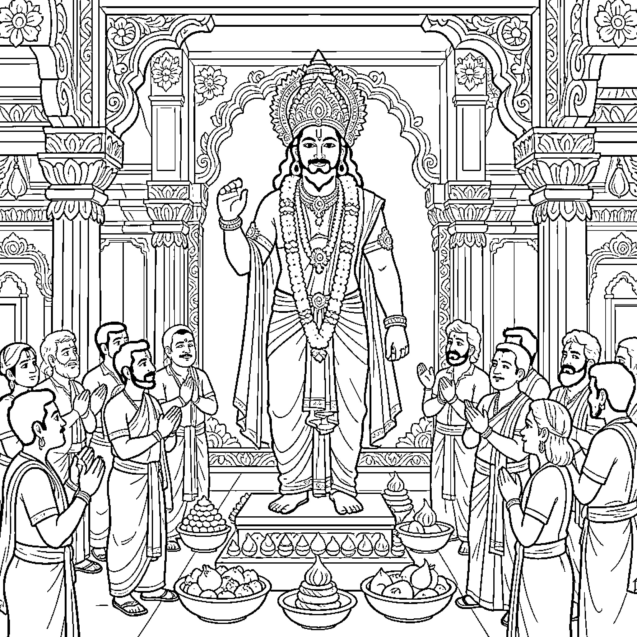 Lord Venkateswara standing majestically surrounded by devotees in prayer Coloring Page (free black-and-white line drawing printable PDF for all, from beginners to advanced learners, including children, teens, adults, and seniors)