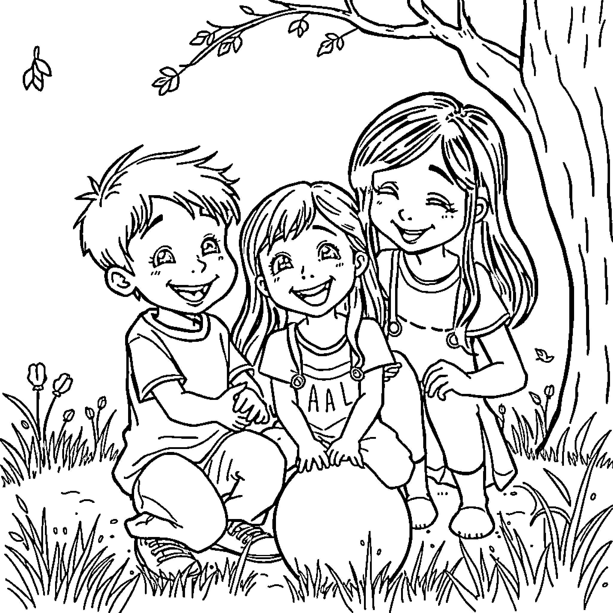 Child Friends Having Fun in Nature Coloring Page (free black-and-white line drawing printable PDF for all, from beginners to advanced learners, including children, teens, adults, and seniors)