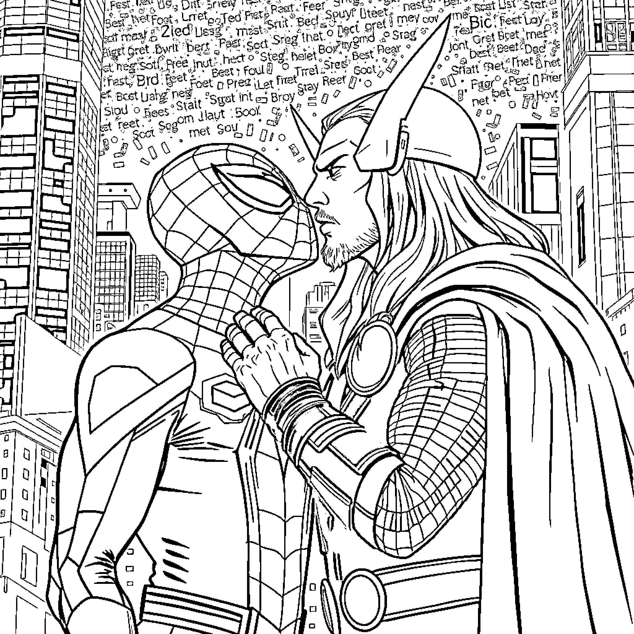 Spiderman and Thor in an epic showdown Coloring Page (free black-and-white line drawing printable PDF for all, from beginners to advanced learners, including children, teens, adults, and seniors)