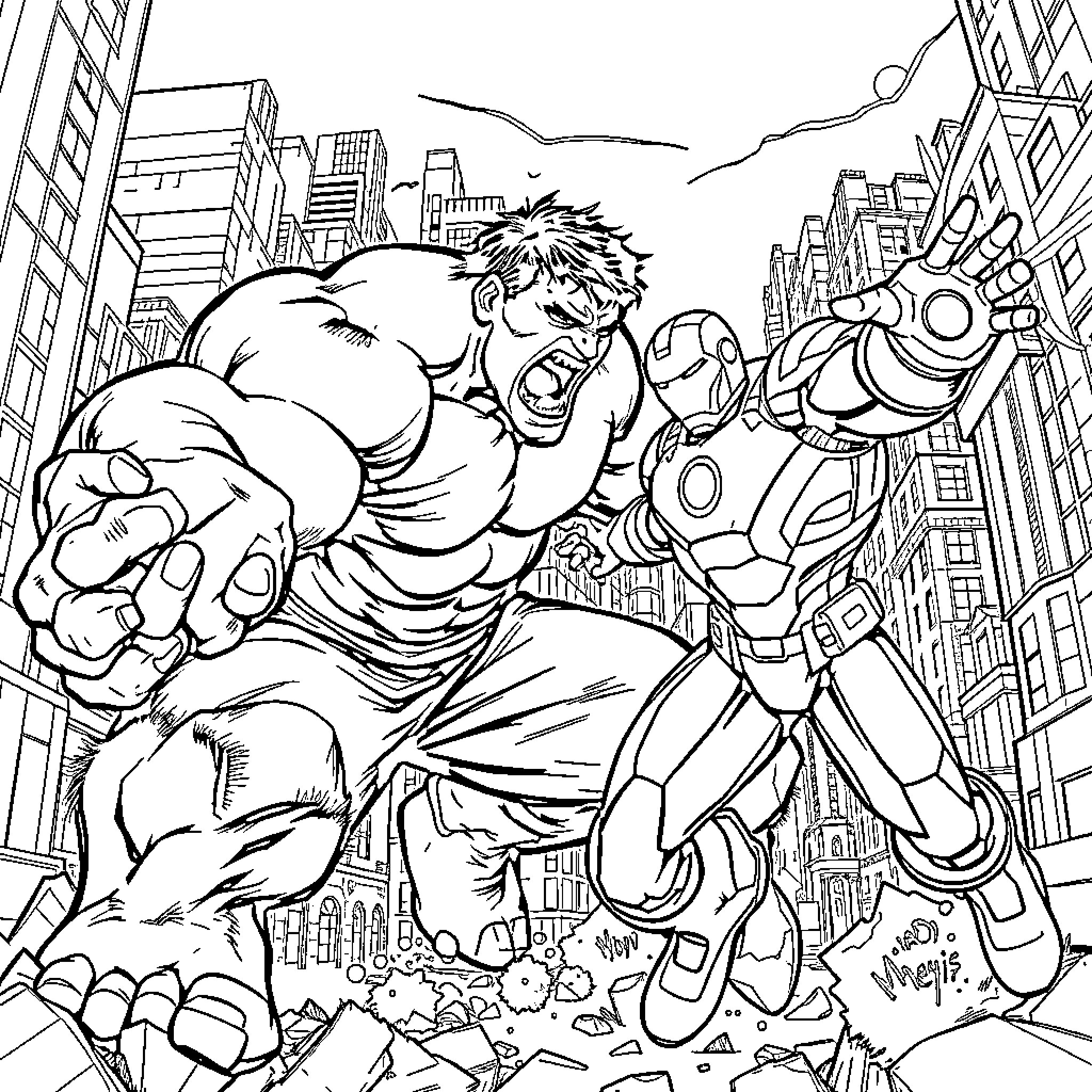 Hulk unleashes superhuman strength in the city Coloring Page (free black-and-white line drawing printable PDF for all, from beginners to advanced learners, including children, teens, adults, and seniors)
