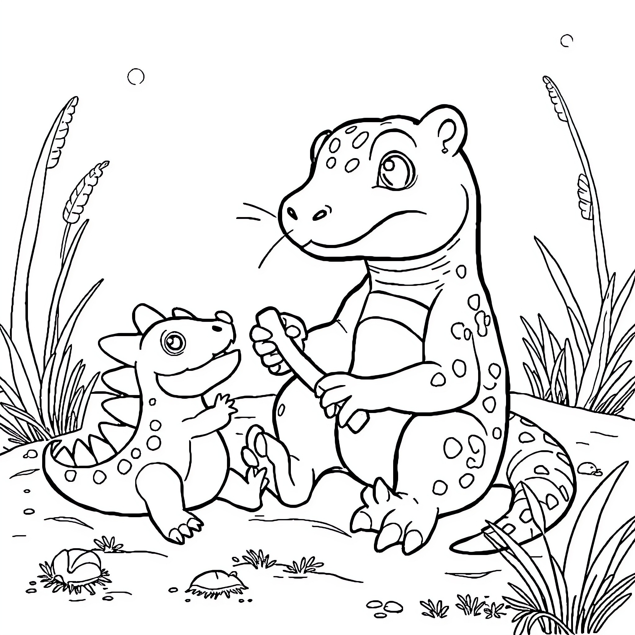 Perro y pequeño lagarto juegan juntos en el campo Coloring Page (free black-and-white line drawing printable PDF for all, from beginners to advanced learners, including children, teens, adults, and seniors)