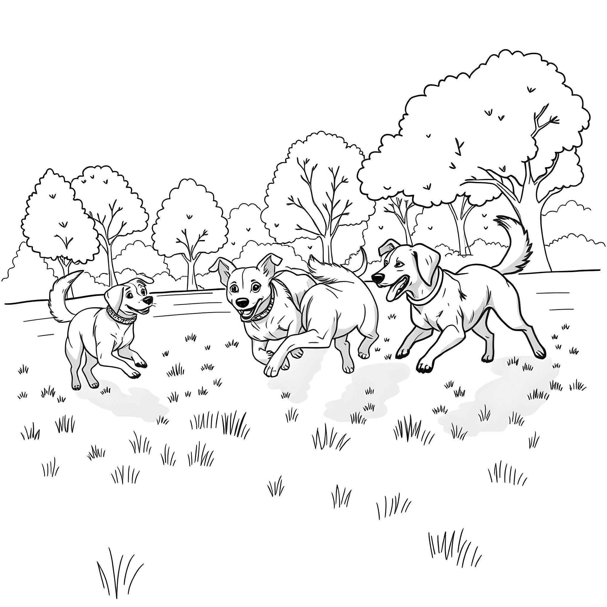 Dogs playing happily in the park Coloring Page (free black-and-white line drawing printable PDF for all, from beginners to advanced learners, including children, teens, adults, and seniors)