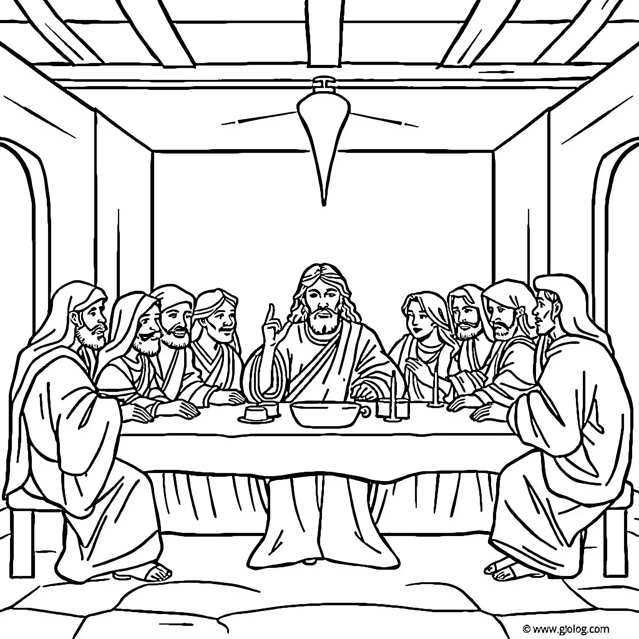 Last Supper with figures gathered around a table Coloring Page (free black-and-white line drawing printable PDF for all, from beginners to advanced learners, including children, teens, adults, and seniors)
