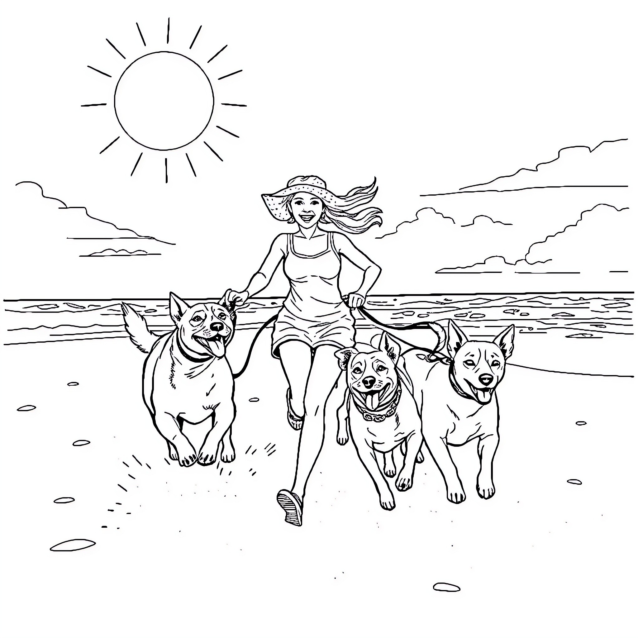 Julie enjoys a sunny beach day with her joyful dogs Coloring Page (free black-and-white line drawing printable PDF for all, from beginners to advanced learners, including children, teens, adults, and seniors)