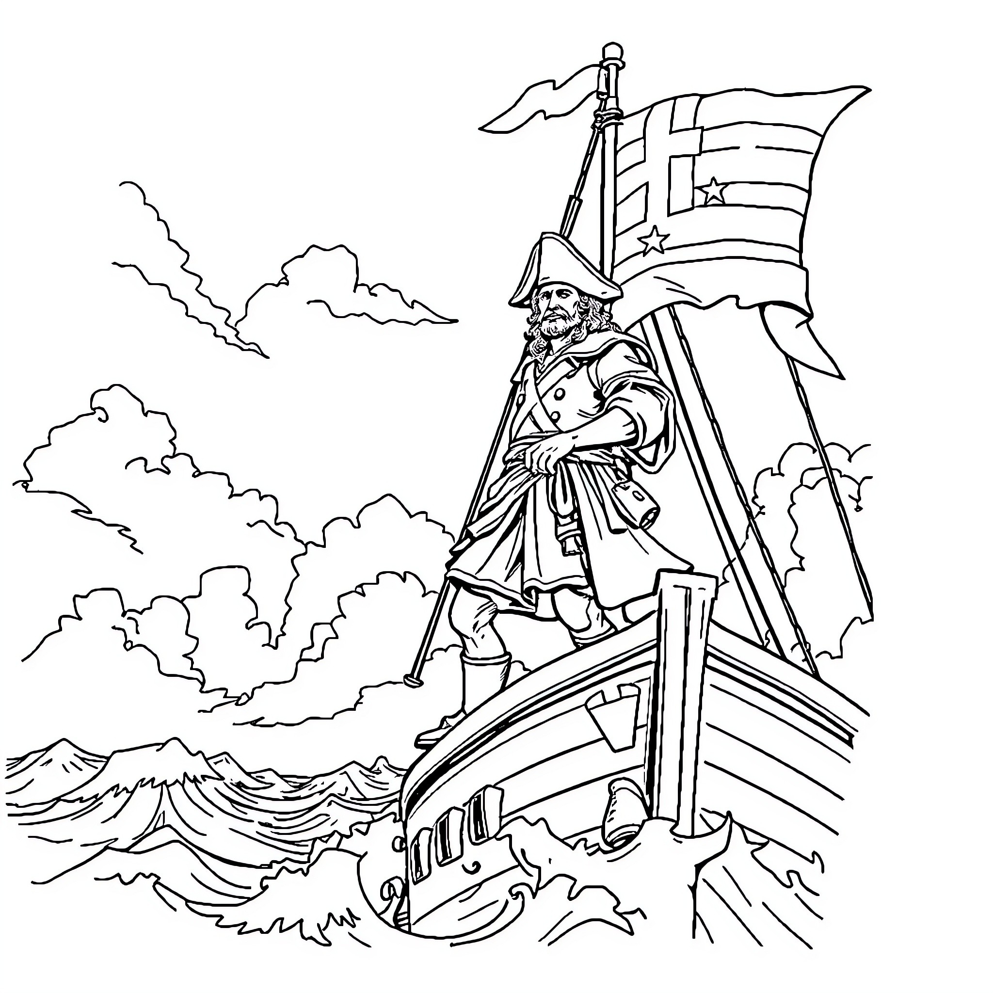 Fighter in Stormy Seas Holding the Flag Coloring Page (free black-and-white line drawing printable PDF for all, from beginners to advanced learners, including children, teens, adults, and seniors)