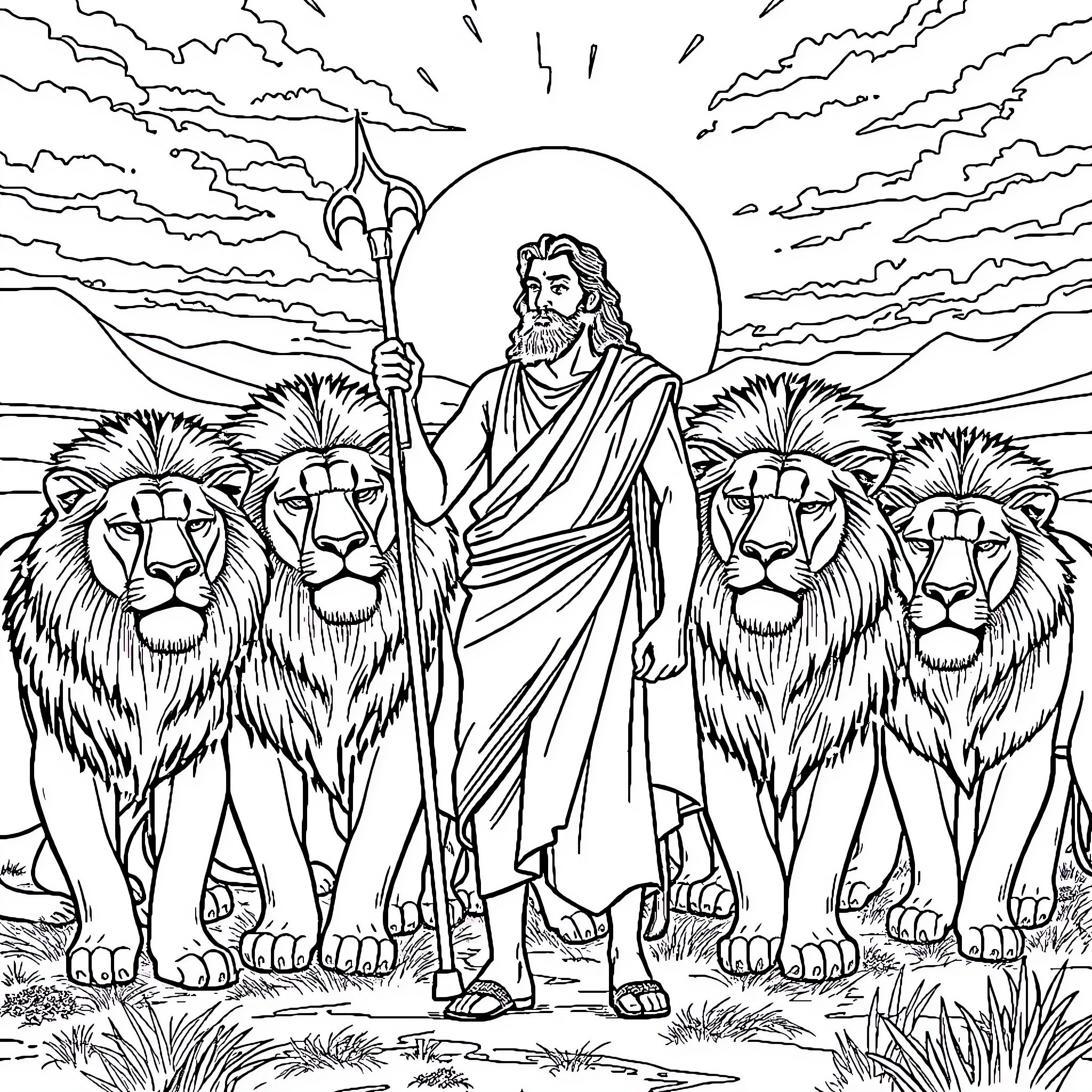 Lion King-like figure with lions in a dramatic landscape Coloring Page (free black-and-white line drawing printable PDF for all, from beginners to advanced learners, including children, teens, adults, and seniors)