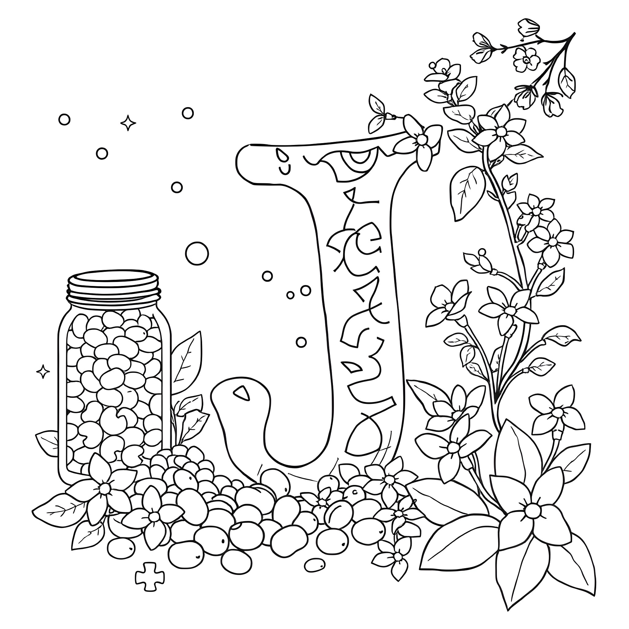 Letter J with Floral Decoration Coloring Page (free black-and-white line drawing printable PDF for all, from beginners to advanced learners, including children, teens, adults, and seniors)