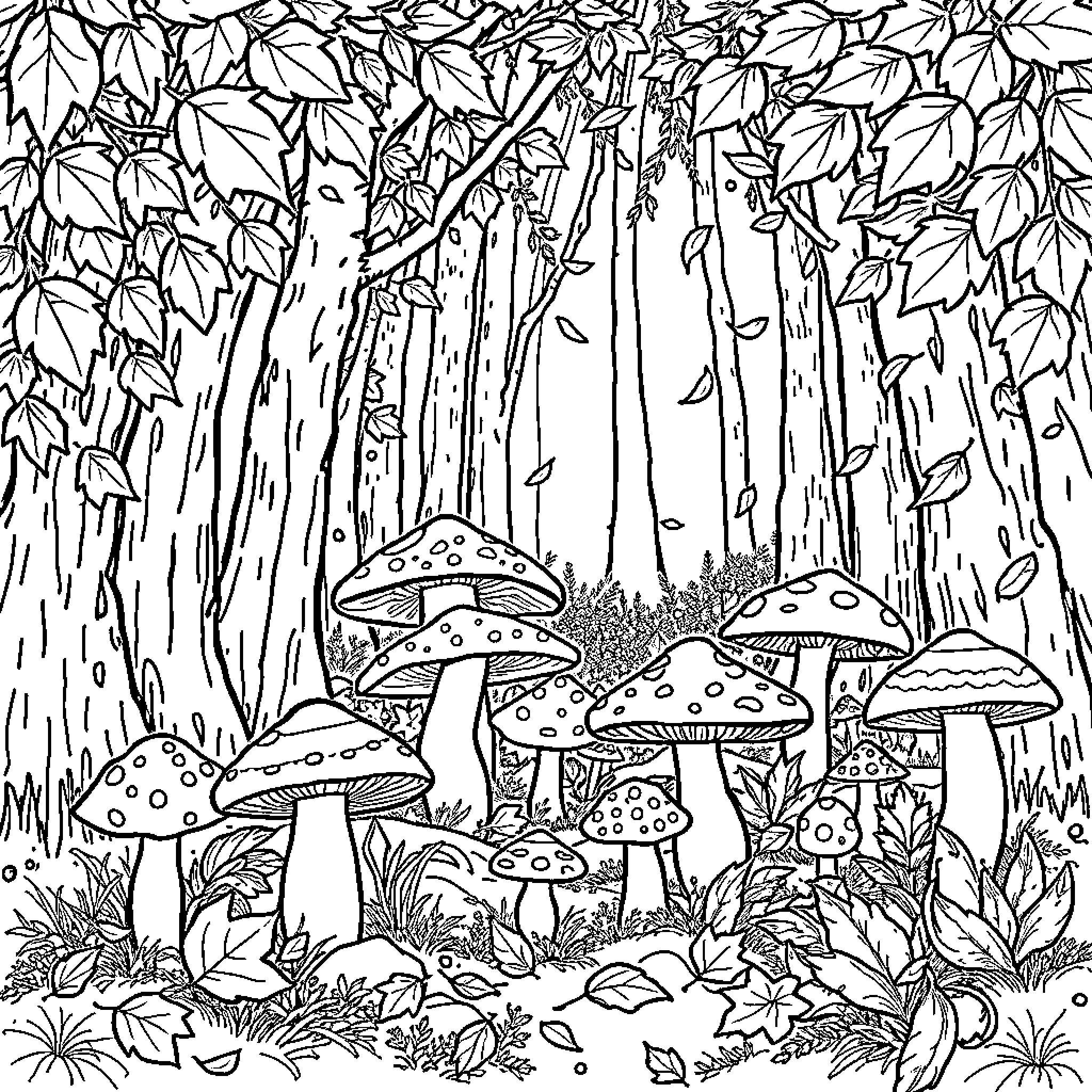 Mushroom Forest Exploration Coloring Page (free black-and-white line drawing printable PDF for all, from beginners to advanced learners, including children, teens, adults, and seniors)