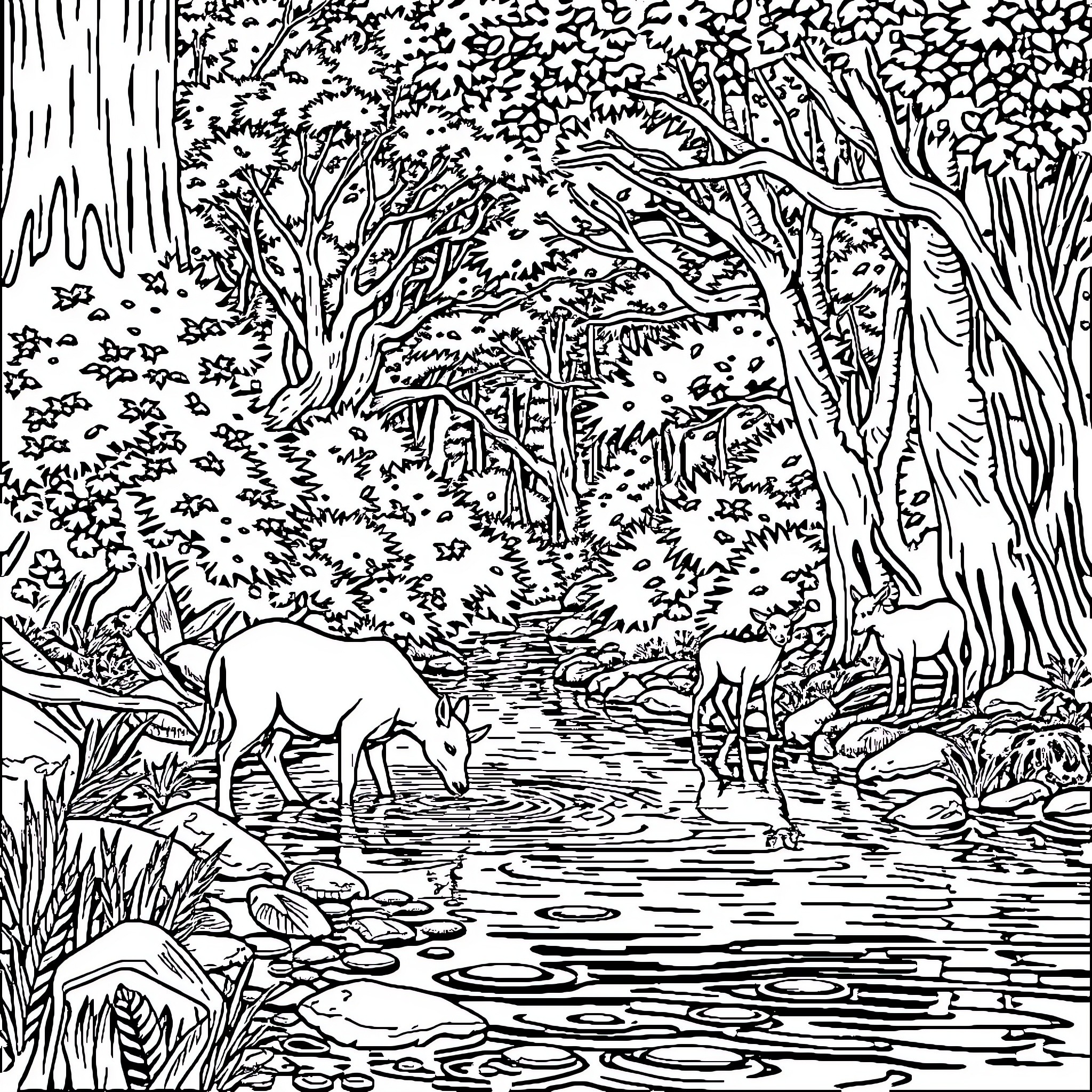 Animals drinking at the forest stream Coloring Page (free black-and-white line drawing printable PDF for all, from beginners to advanced learners, including children, teens, adults, and seniors)