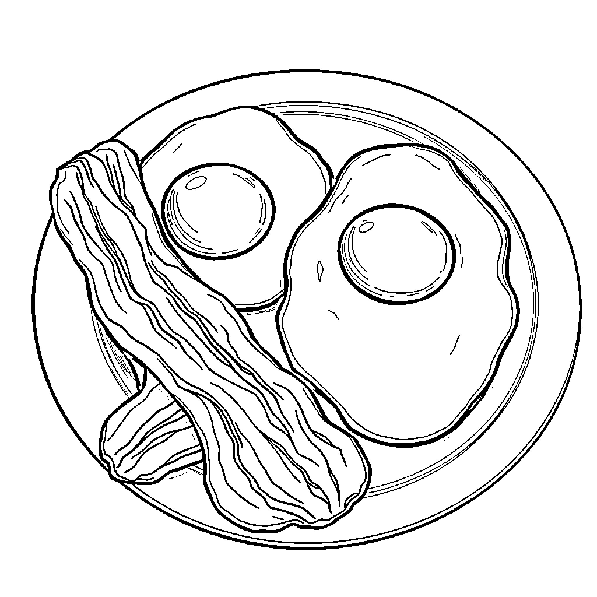 Egg breakfast with bacon on plate Coloring Page (free black-and-white line drawing printable PDF for all, from beginners to advanced learners, including children, teens, adults, and seniors)