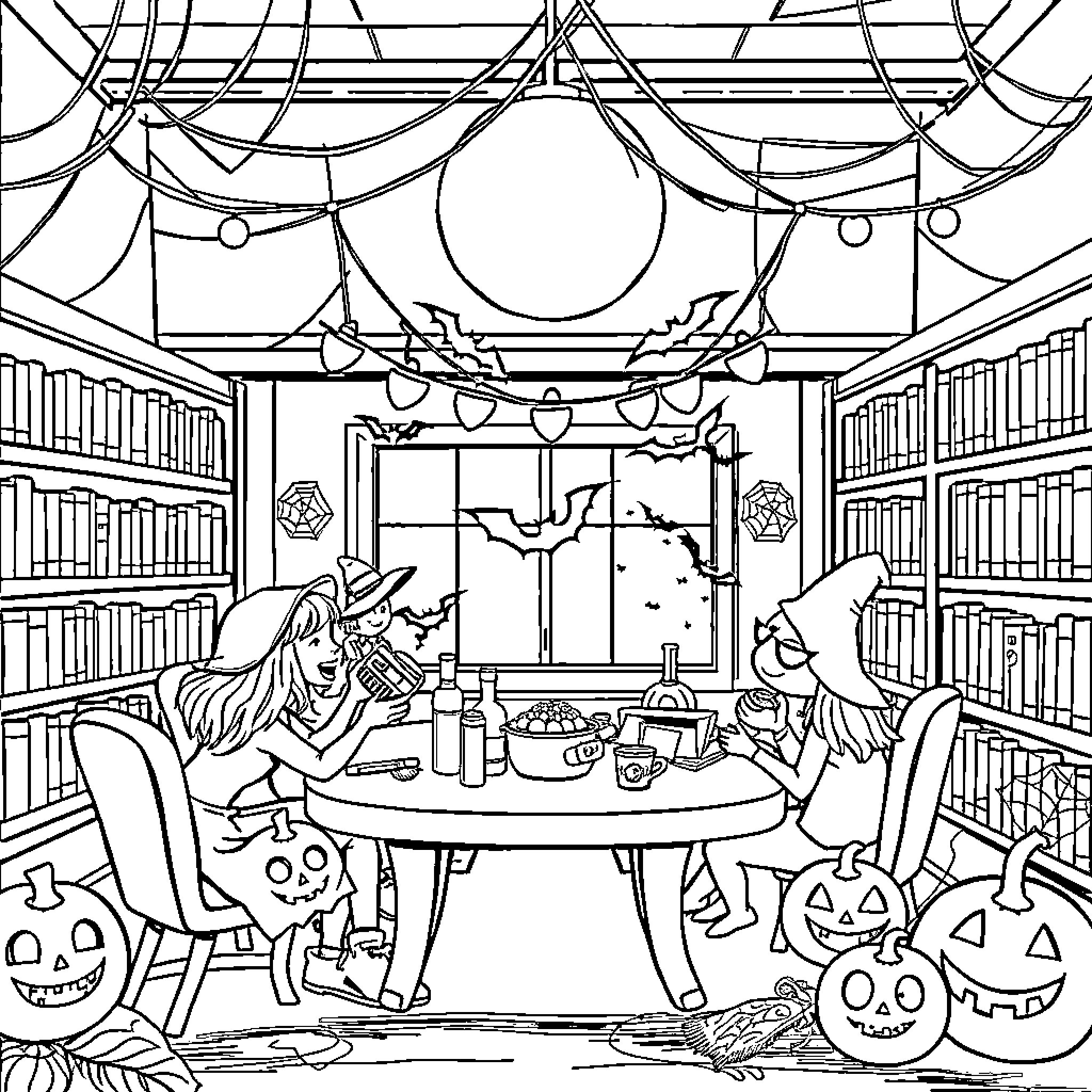 Halloween Celebration in a Spooky Library Coloring Page (free black-and-white line drawing printable PDF for all, from beginners to advanced learners, including children, teens, adults, and seniors)