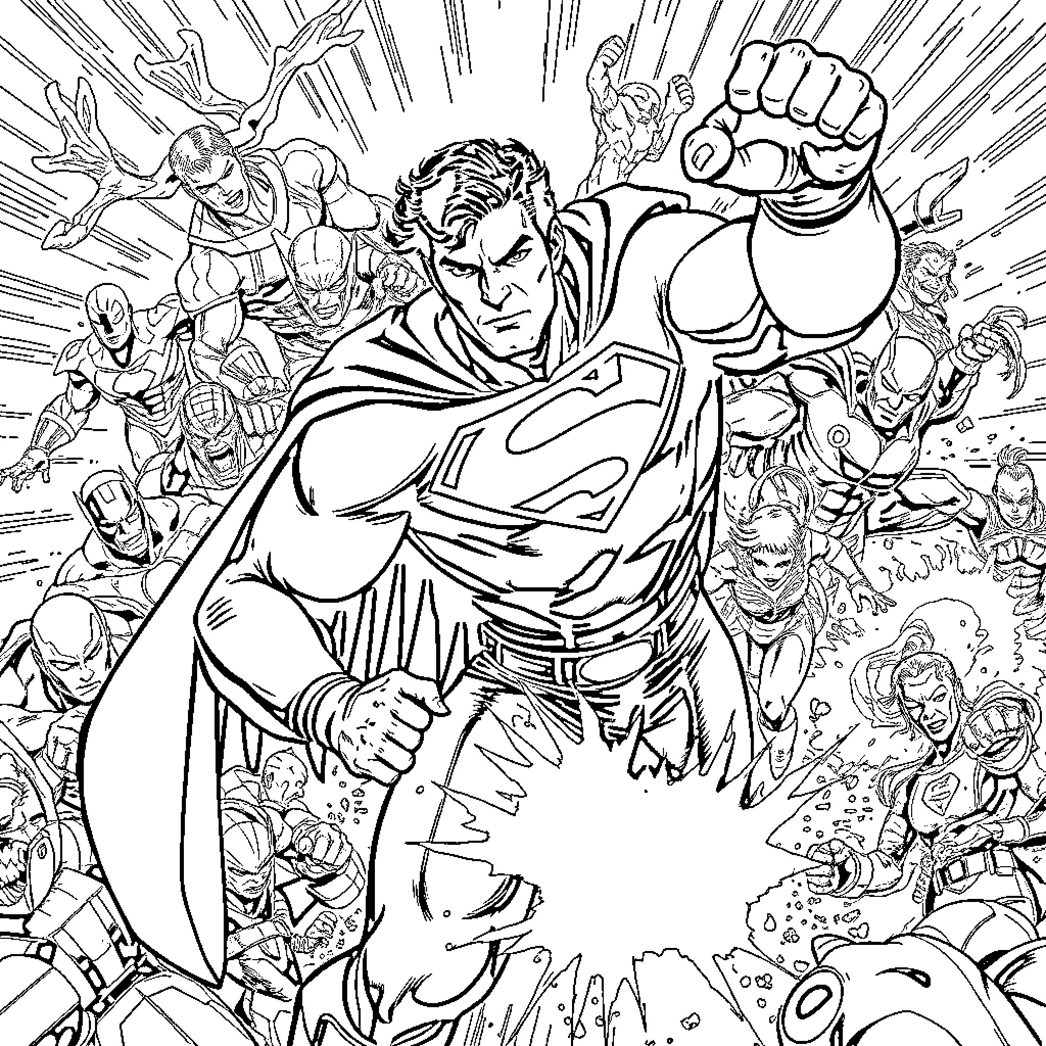 Superman displays heroic strength and power Coloring Page (free black-and-white line drawing printable PDF for all, from beginners to advanced learners, including children, teens, adults, and seniors)