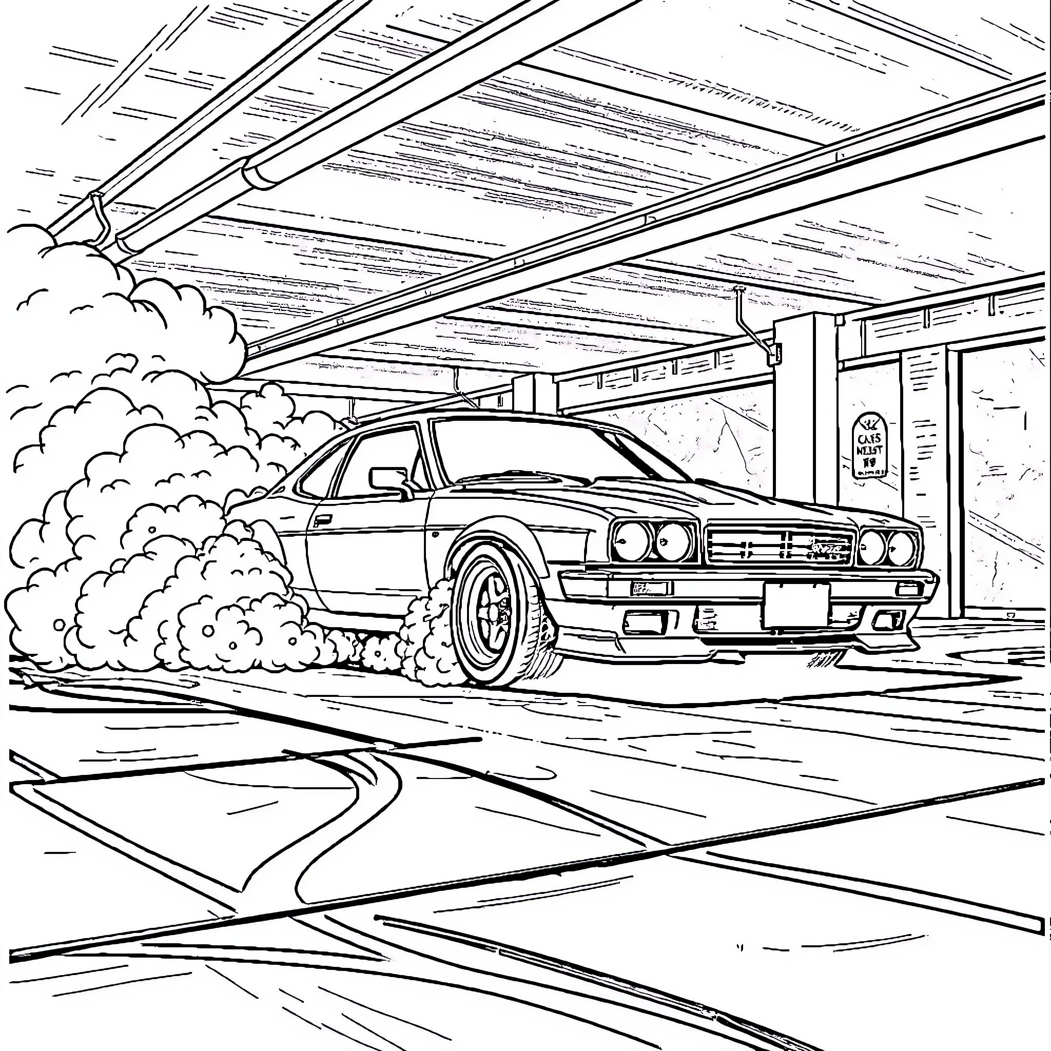 Car speeding away from chaotic scene Coloring Page (free black-and-white line drawing printable PDF for all, from beginners to advanced learners, including children, teens, adults, and seniors)