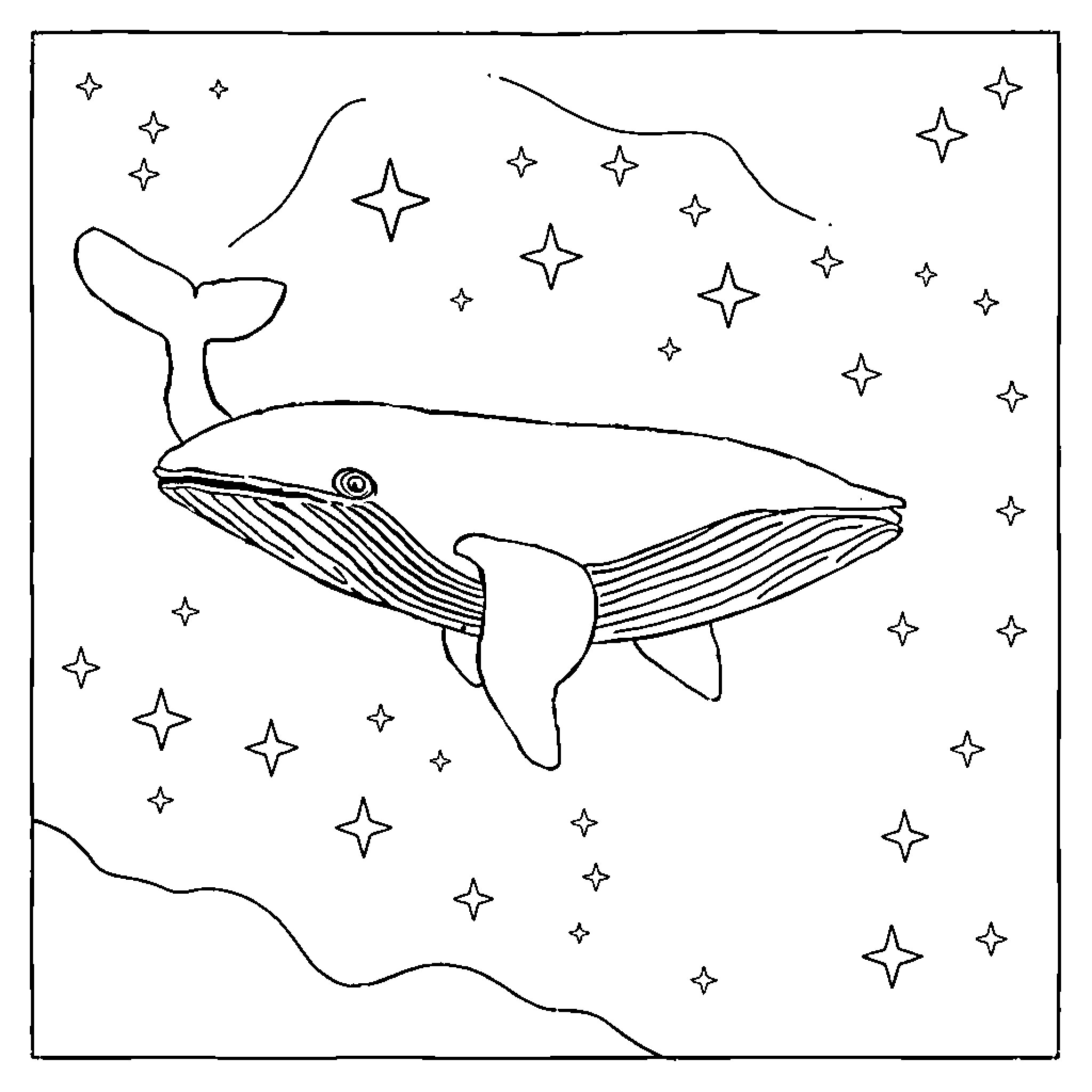 Whale swimming among the stars Coloring Page (free black-and-white line drawing printable PDF for all, from beginners to advanced learners, including children, teens, adults, and seniors)