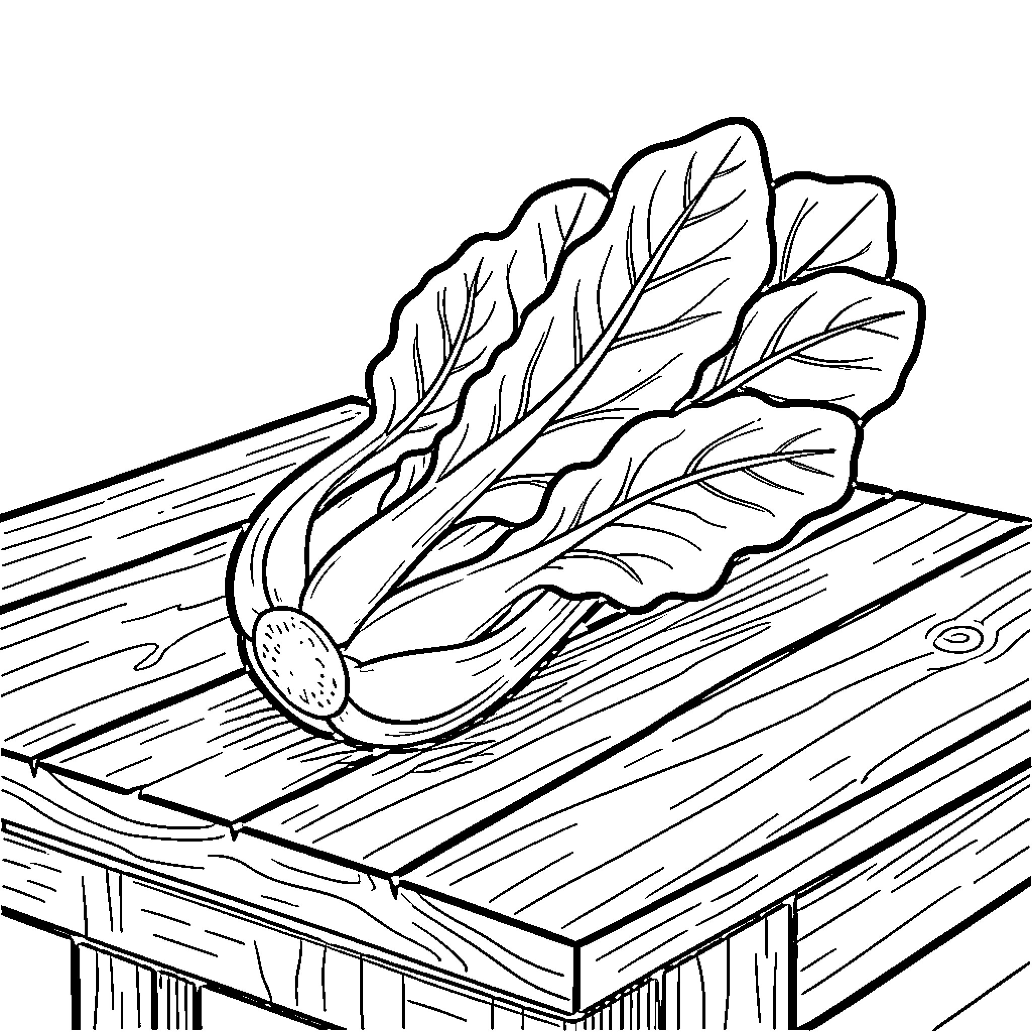 Vegetable leaves on a wooden surface Coloring Page (free black-and-white line drawing printable PDF for all, from beginners to advanced learners, including children, teens, adults, and seniors)