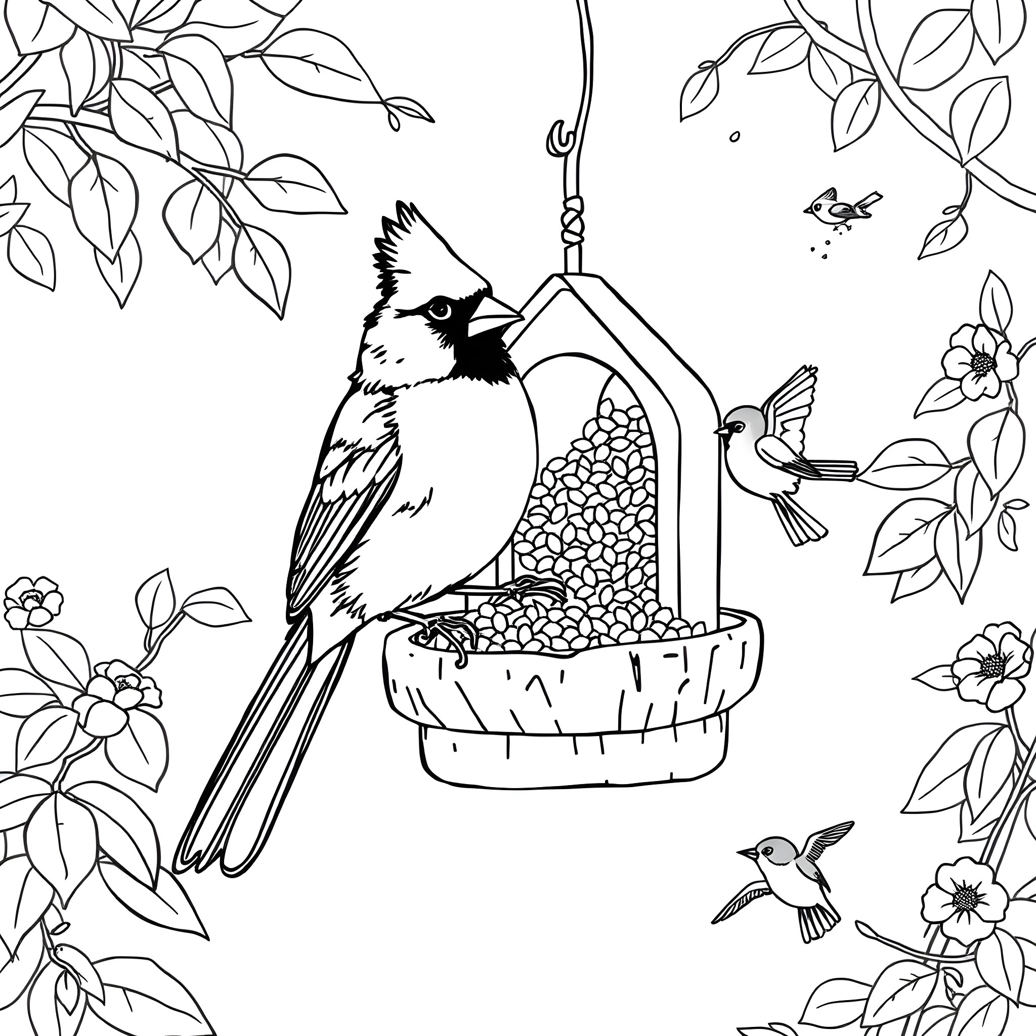 Cardinal feeding at birdfeeder amid floral accents Coloring Page (free black-and-white line drawing printable PDF for all, from beginners to advanced learners, including children, teens, adults, and seniors)