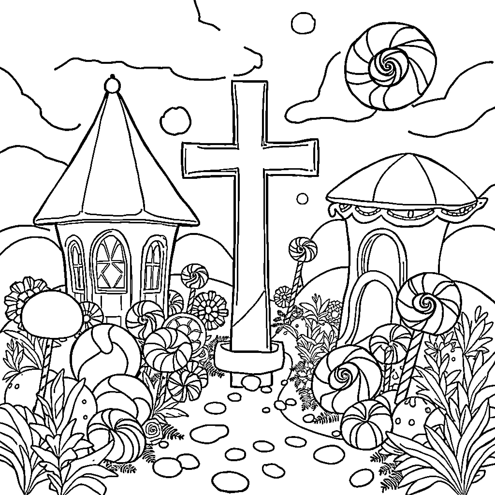 Candy Wonderland with Whimsical Crosses and Flowers Coloring Page (free black-and-white line drawing printable PDF for all, from beginners to advanced learners, including children, teens, adults, and seniors)