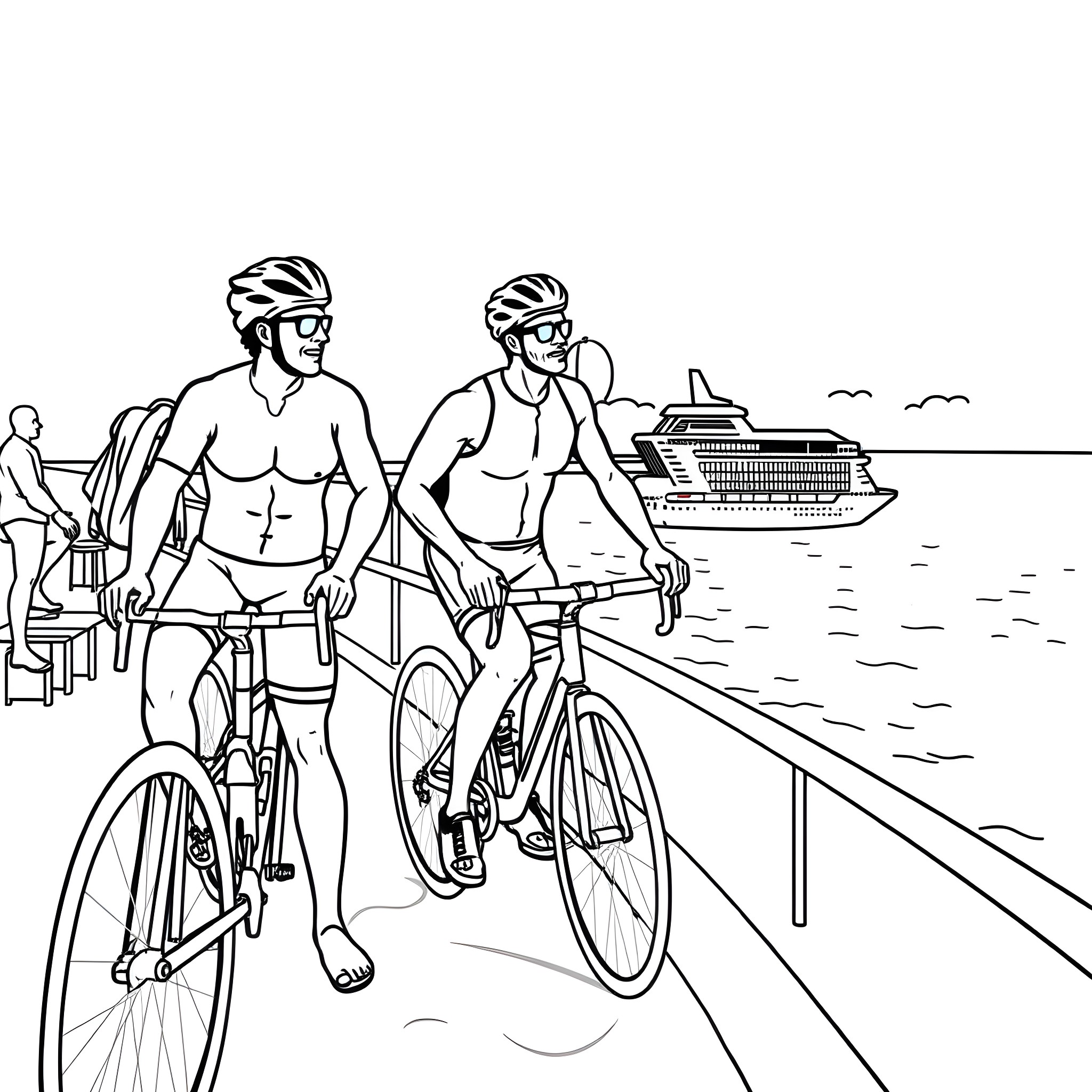 Men cycling near the sea with cruise ship in the background Coloring Page (free black-and-white line drawing printable PDF for all, from beginners to advanced learners, including children, teens, adults, and seniors)