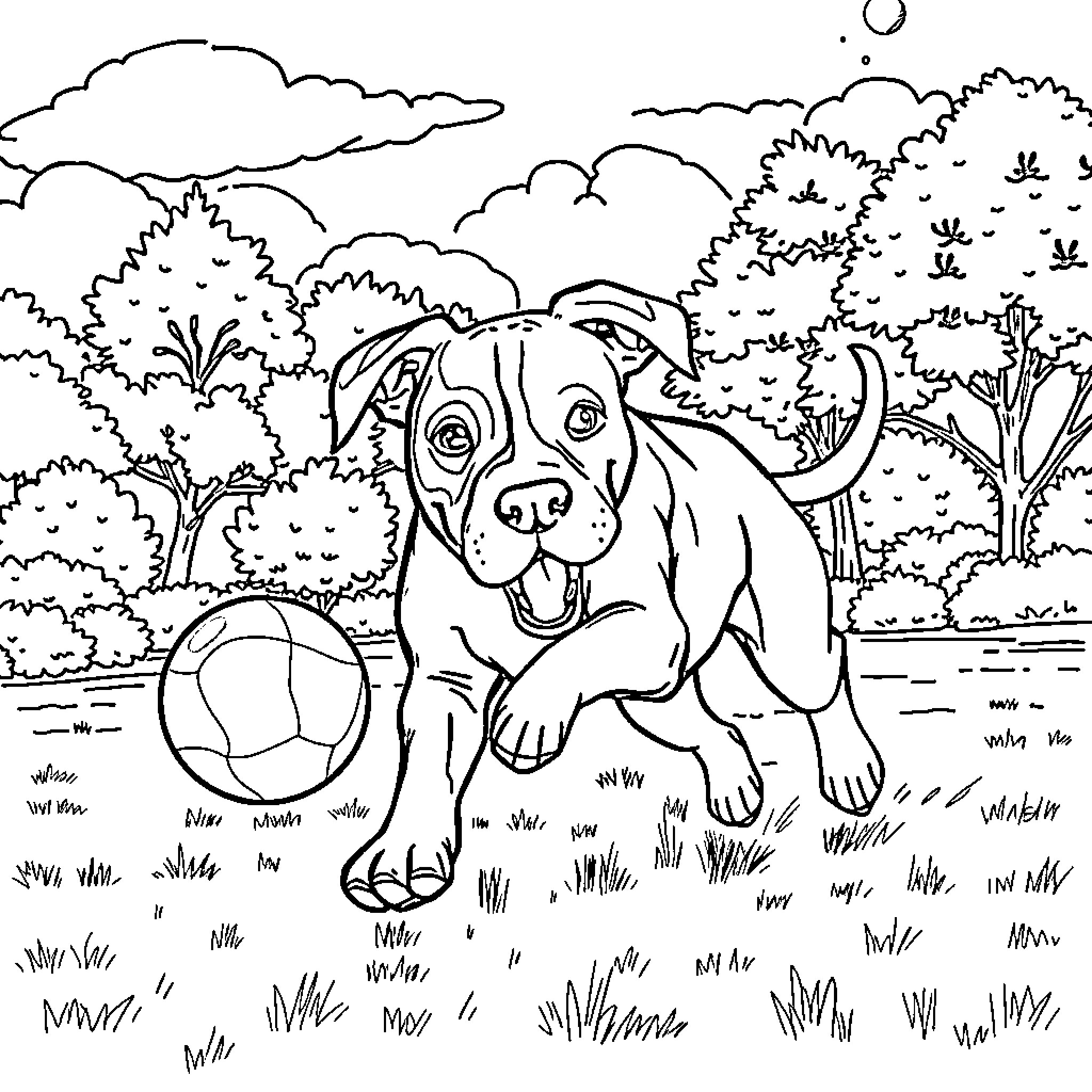 Dog playing joyfully with a soccer ball in a park Coloring Page (free black-and-white line drawing printable PDF for all, from beginners to advanced learners, including children, teens, adults, and seniors)