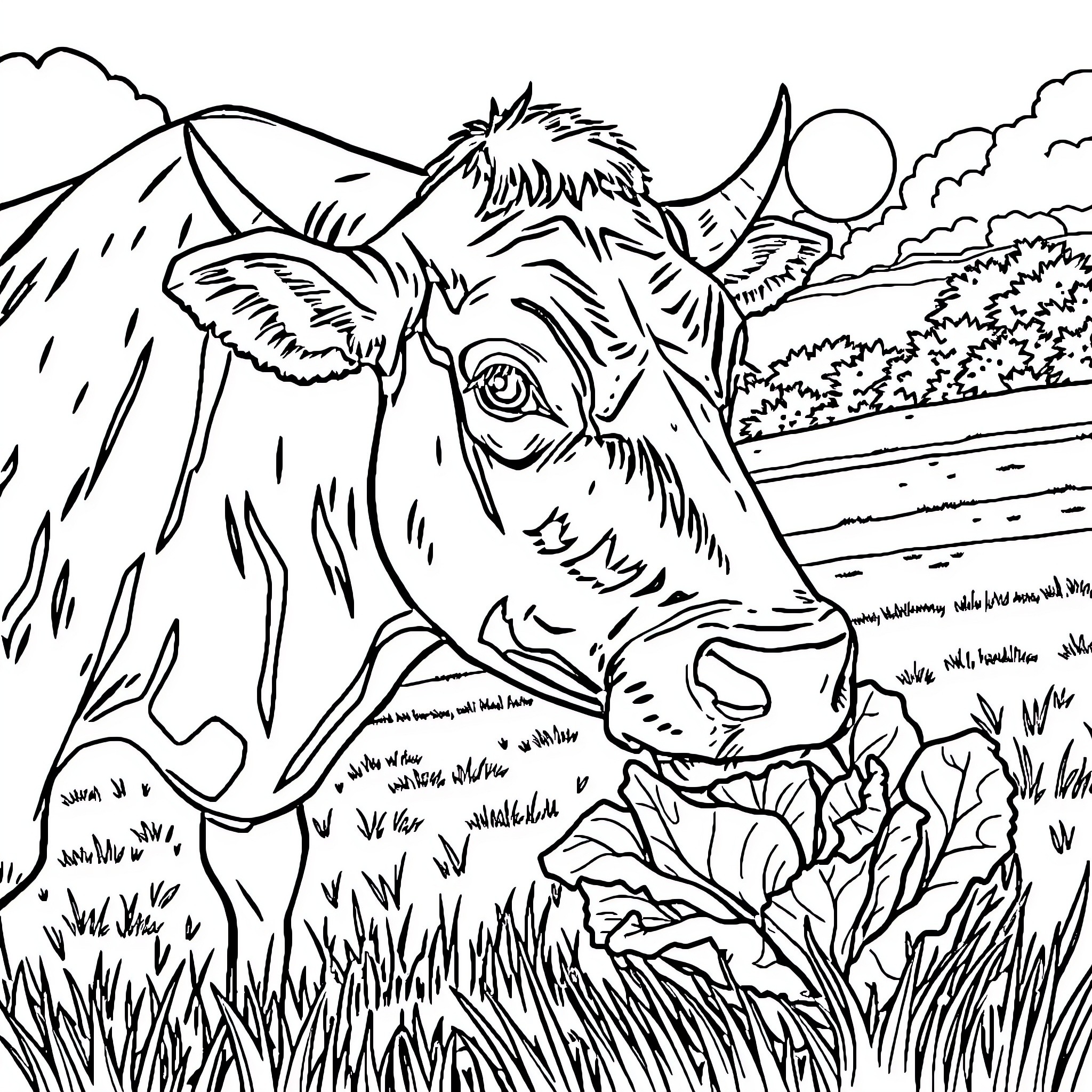 Cow grazing peacefully in scenic countryside Coloring Page (free black-and-white line drawing printable PDF for all, from beginners to advanced learners, including children, teens, adults, and seniors)