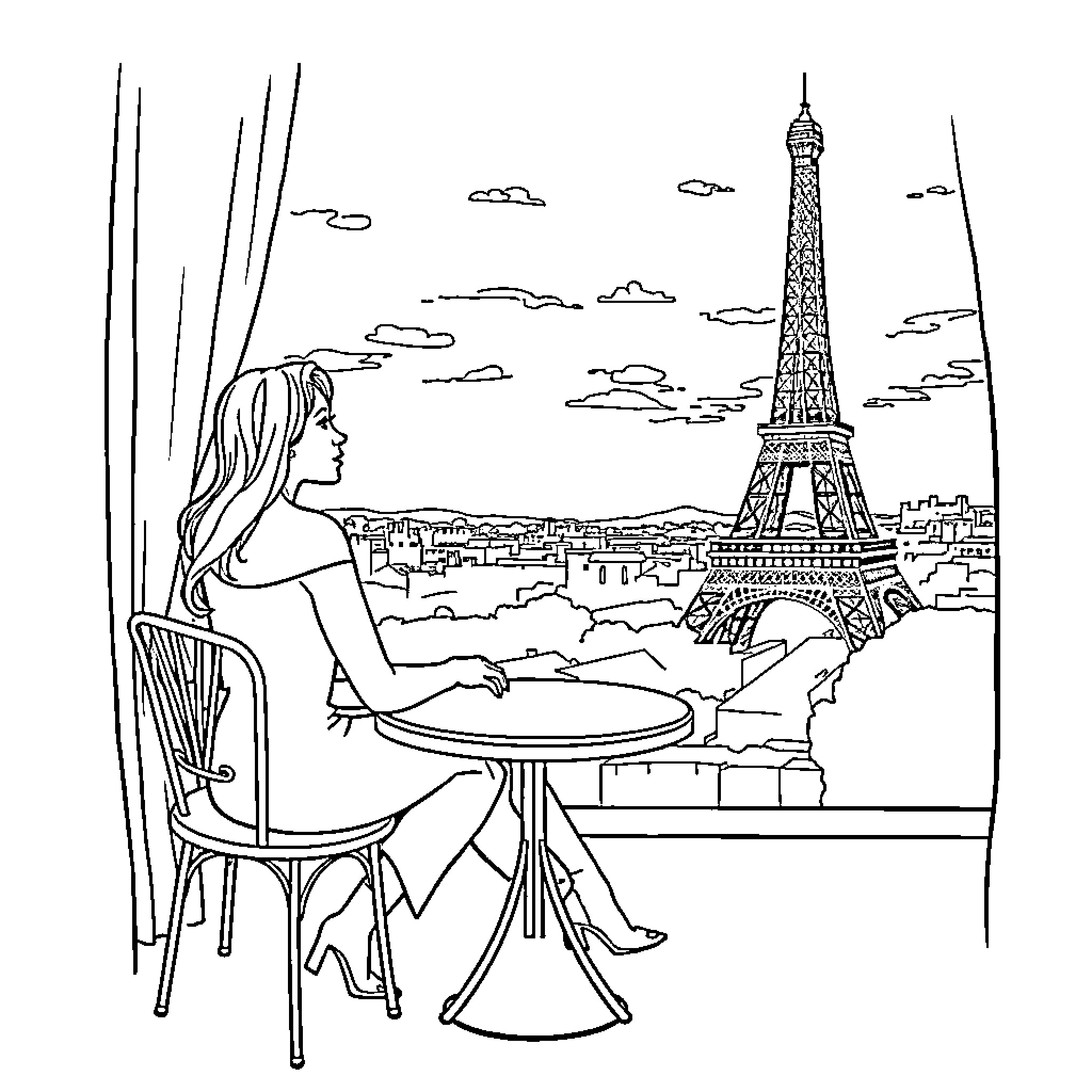 Dua Lipa relaxing in Paris cafe with Eiffel Tower view Coloring Page (free black-and-white line drawing printable PDF for all, from beginners to advanced learners, including children, teens, adults, and seniors)