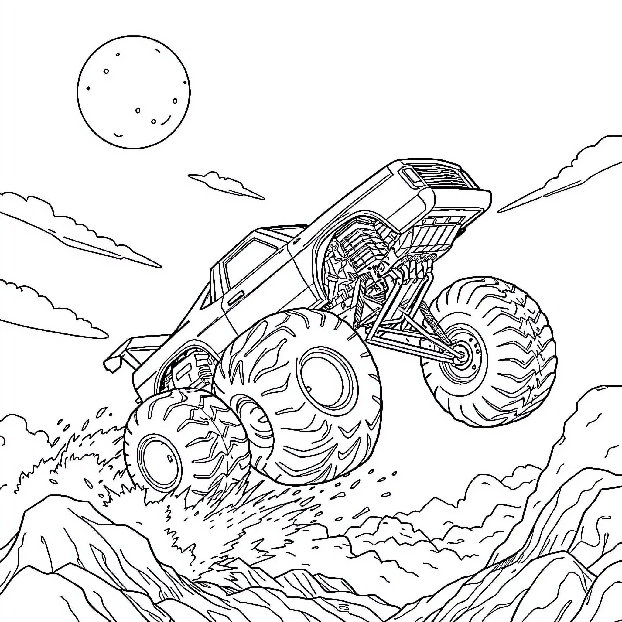 Monster Car Soaring Through the Mountainous Terrain Coloring Page (free black-and-white line drawing printable PDF for all, from beginners to advanced learners, including children, teens, adults, and seniors)