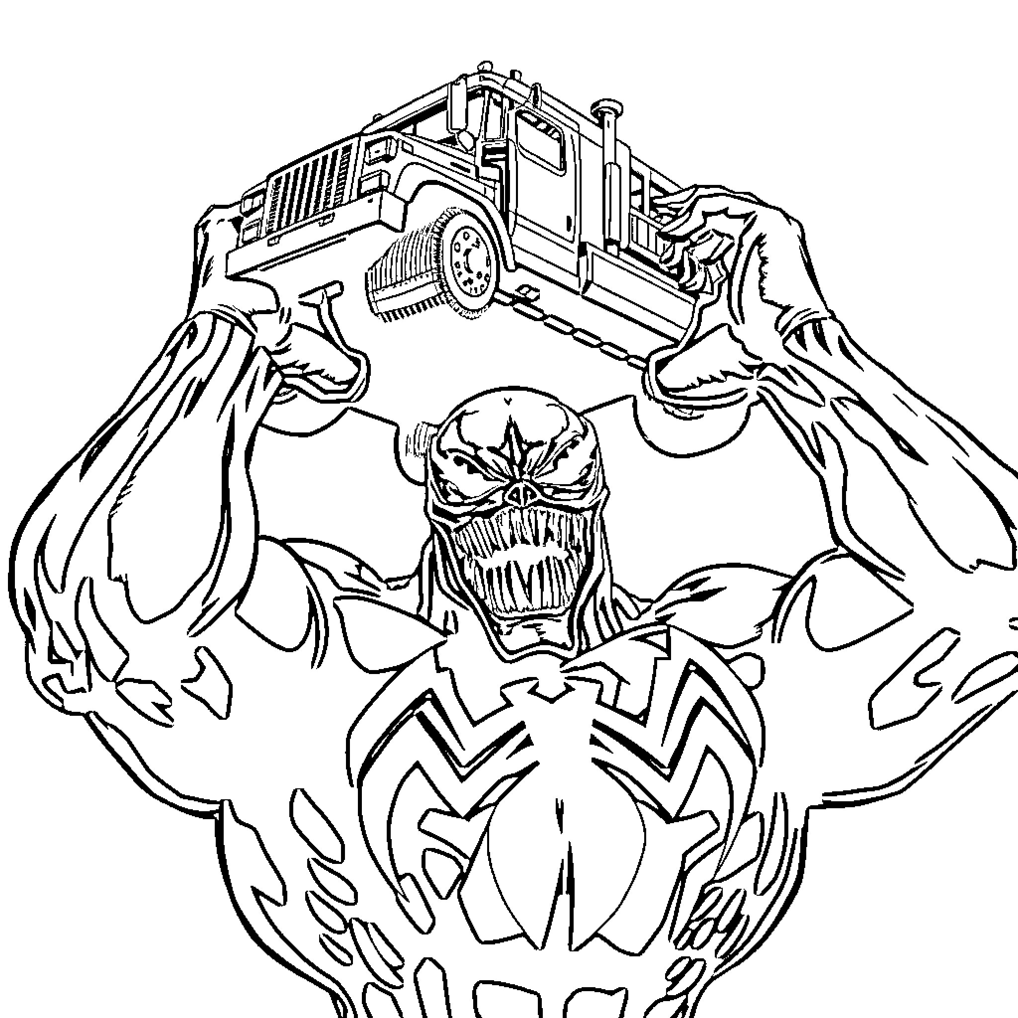 Venom Unleashes Terror from the Depths of the City Coloring Page (free black-and-white line drawing printable PDF for all, from beginners to advanced learners, including children, teens, adults, and seniors)