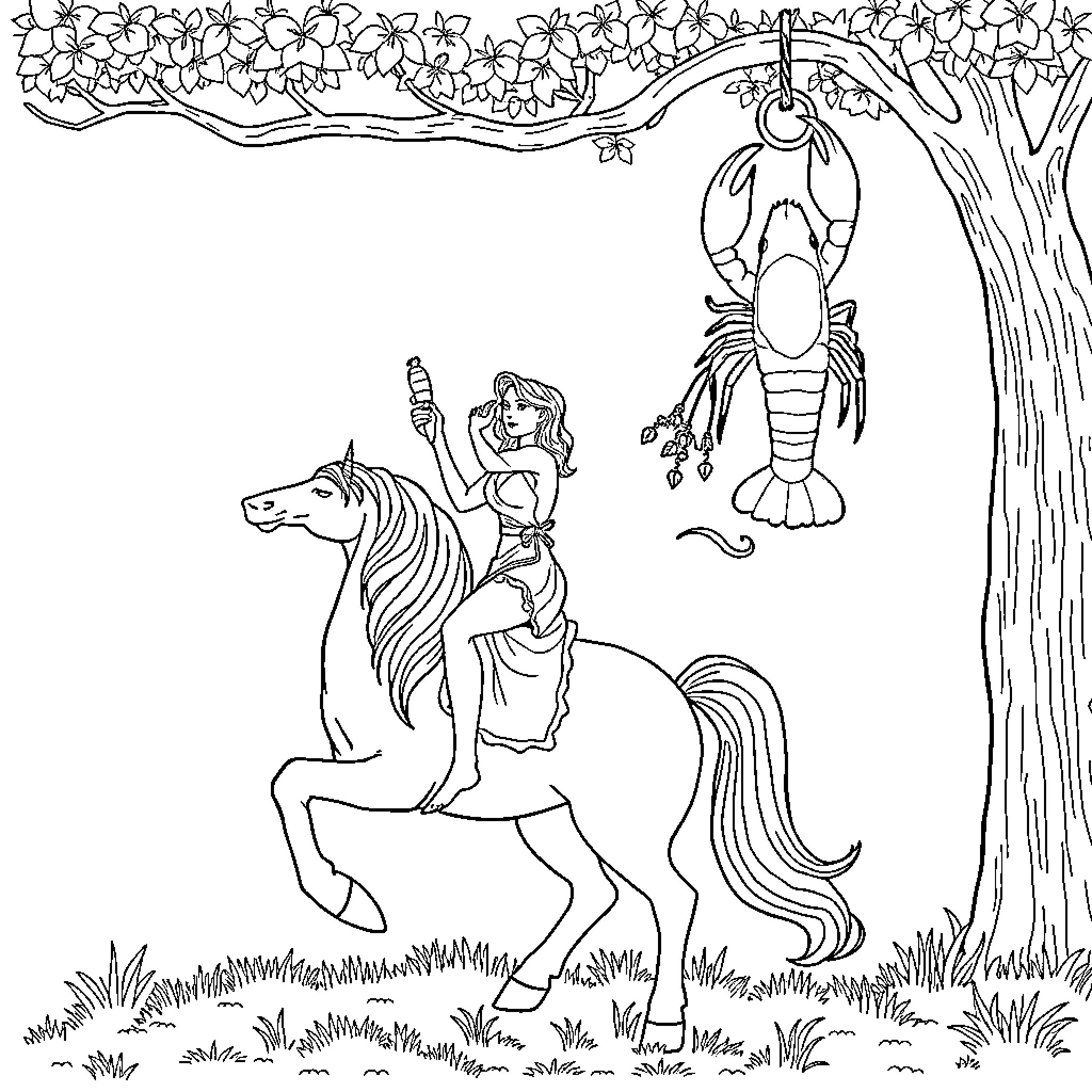 Unicorn Rider Exploring Whimsical Floral Landscape Coloring Page (free black-and-white line drawing printable PDF for all, from beginners to advanced learners, including children, teens, adults, and seniors)