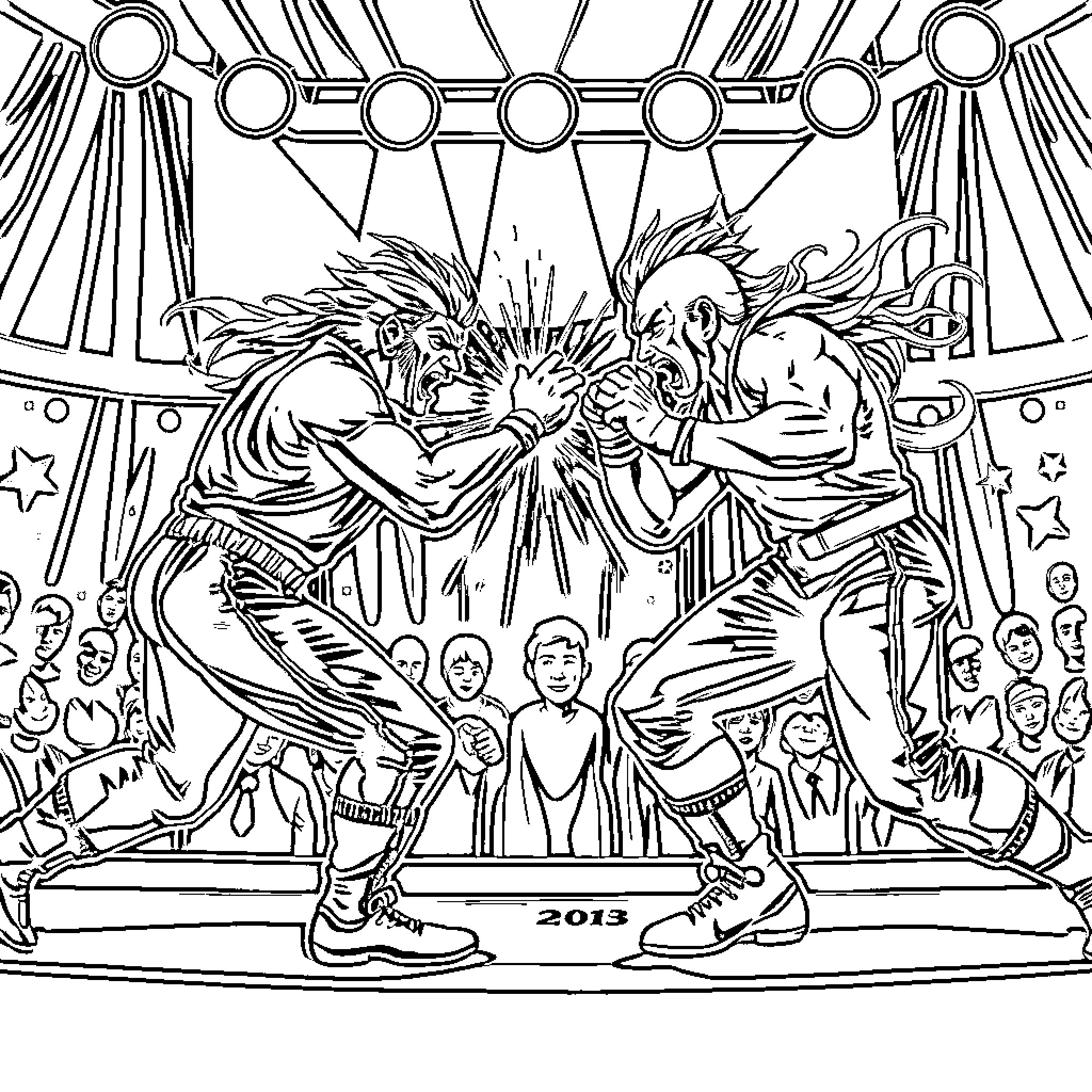 Clash of Fierce Performers on Stage Coloring Page (free black-and-white line drawing printable PDF for all, from beginners to advanced learners, including children, teens, adults, and seniors)