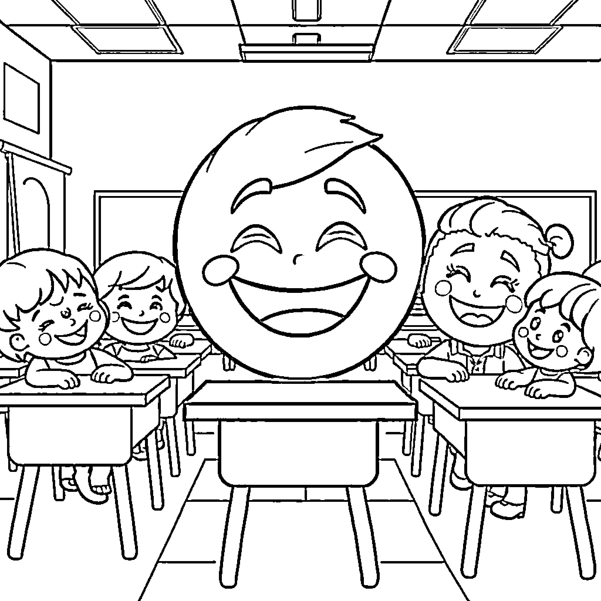 Emoji Classroom Full of Happy Students Coloring Page (free black-and-white line drawing printable PDF for all, from beginners to advanced learners, including children, teens, adults, and seniors)