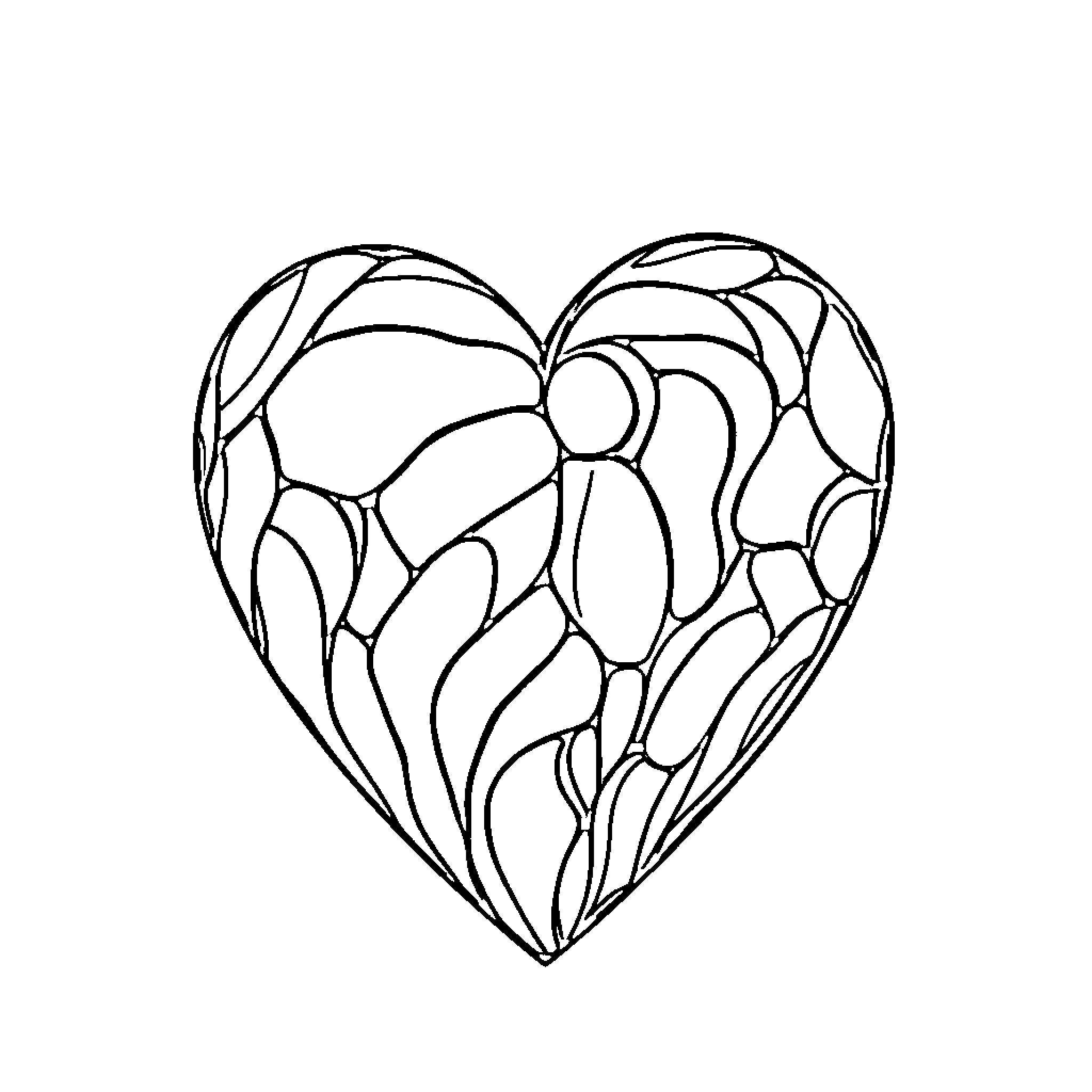 Heart Shaped Stained Glass Floral Design Coloring Page (free black-and-white line drawing printable PDF for all, from beginners to advanced learners, including children, teens, adults, and seniors)