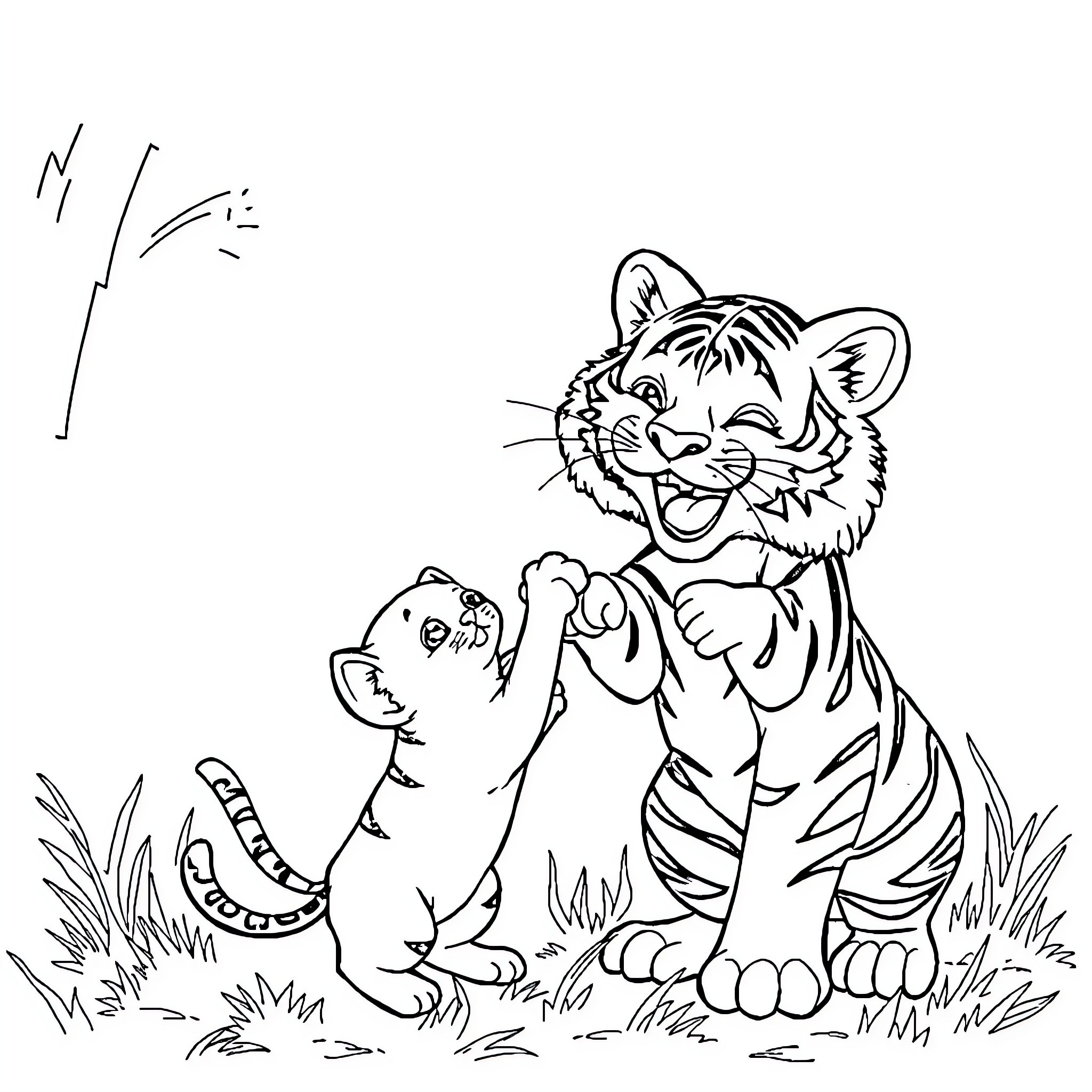Cat cubs playing in the grass Coloring Page (free black-and-white line drawing printable PDF for all, from beginners to advanced learners, including children, teens, adults, and seniors)