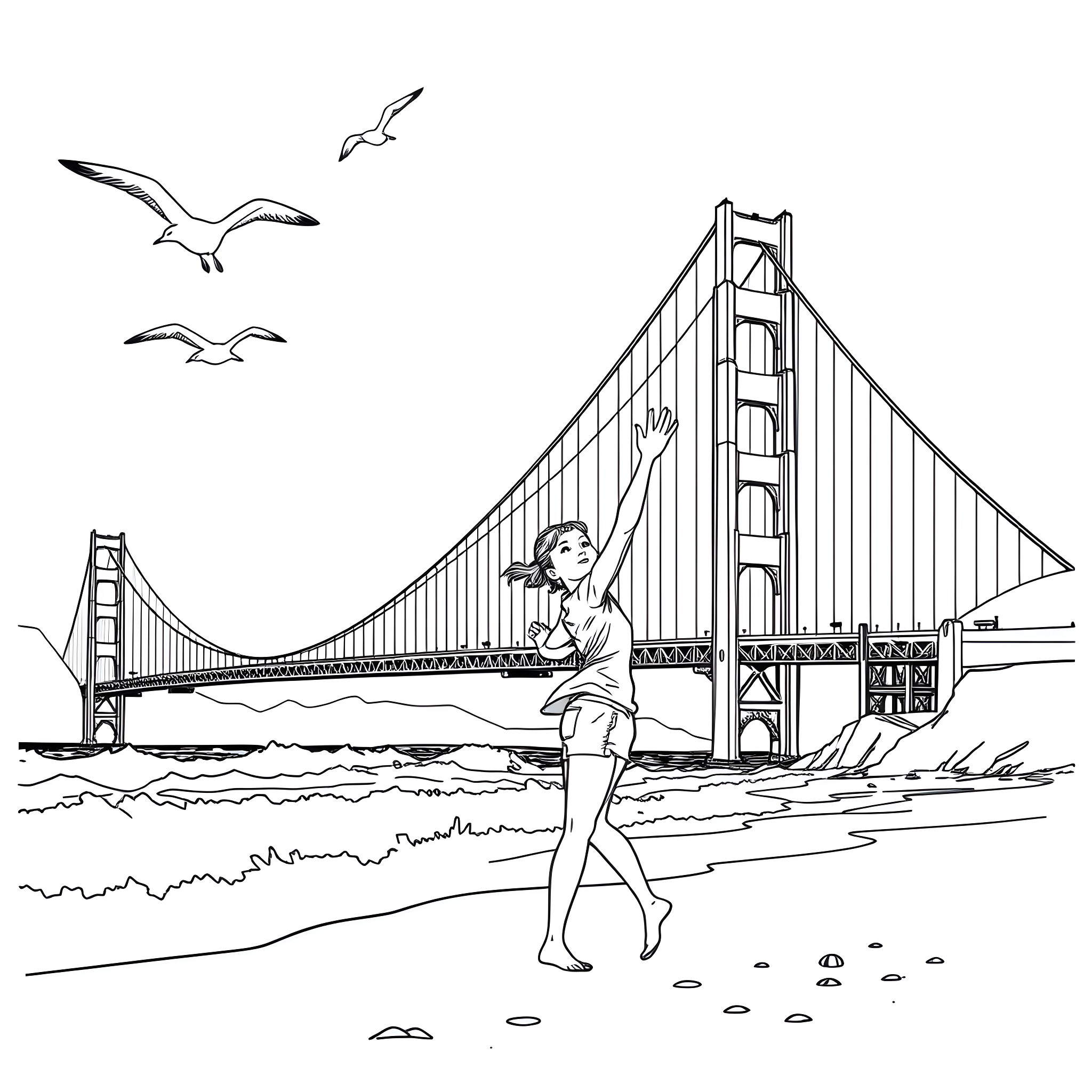 Girl exploring nature near the Golden Gate Bridge Coloring Page (free black-and-white line drawing printable PDF for all, from beginners to advanced learners, including children, teens, adults, and seniors)