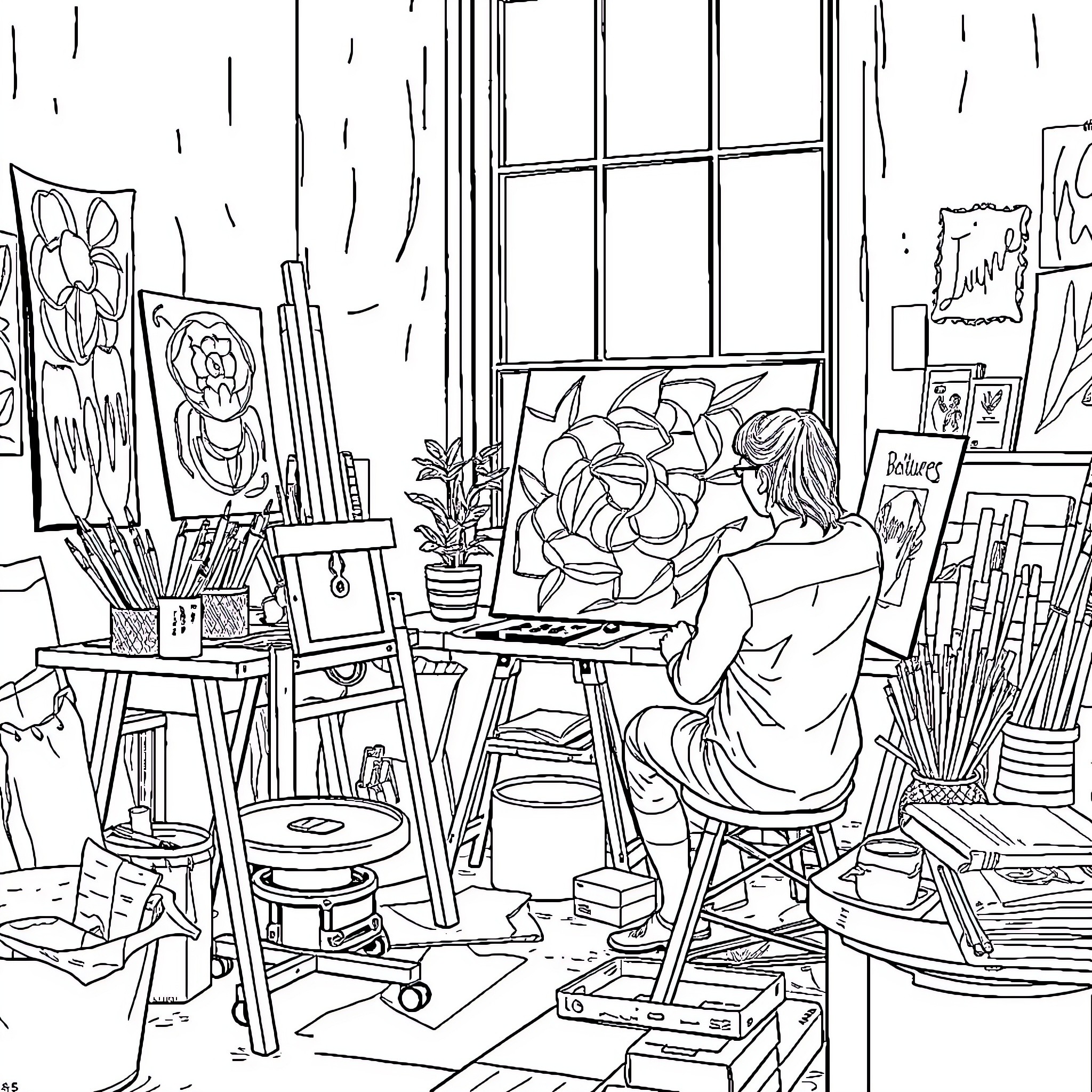 Painter focused on artwork in their studio Coloring Page (free black-and-white line drawing printable PDF for all, from beginners to advanced learners, including children, teens, adults, and seniors)