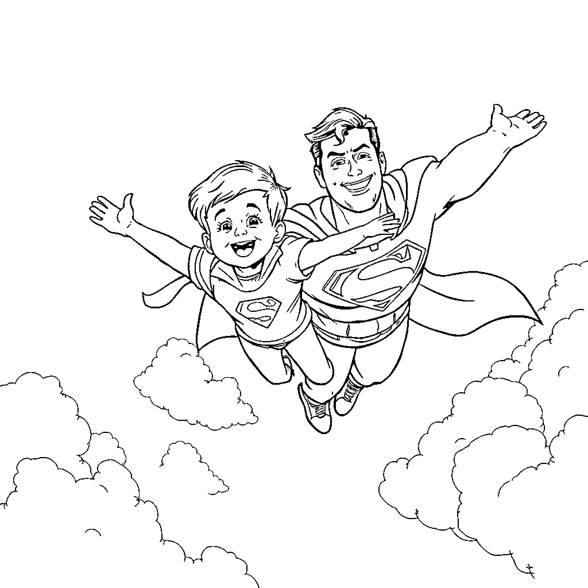 Superman and young boy flying through the sky Coloring Page (free black-and-white line drawing printable PDF for all, from beginners to advanced learners, including children, teens, adults, and seniors)