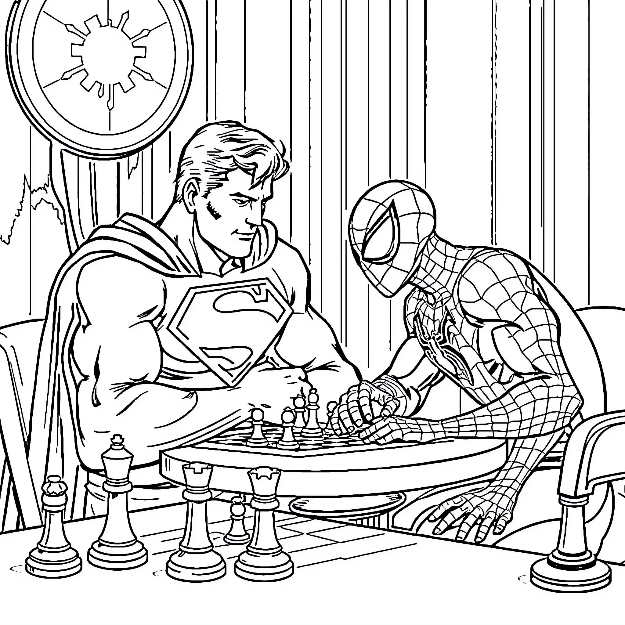 Superman and Spider-Man playing chess together Coloring Page (free black-and-white line drawing printable PDF for all, from beginners to advanced learners, including children, teens, adults, and seniors)