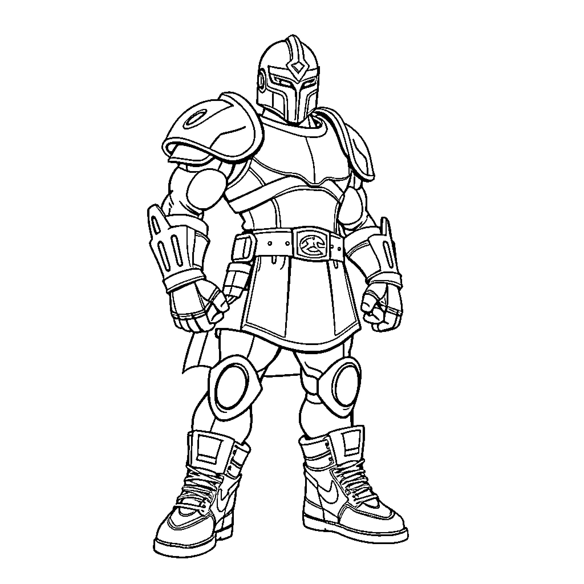 Mega Knight in Futuristic Armor Coloring Page (free black-and-white line drawing printable PDF for all, from beginners to advanced learners, including children, teens, adults, and seniors)