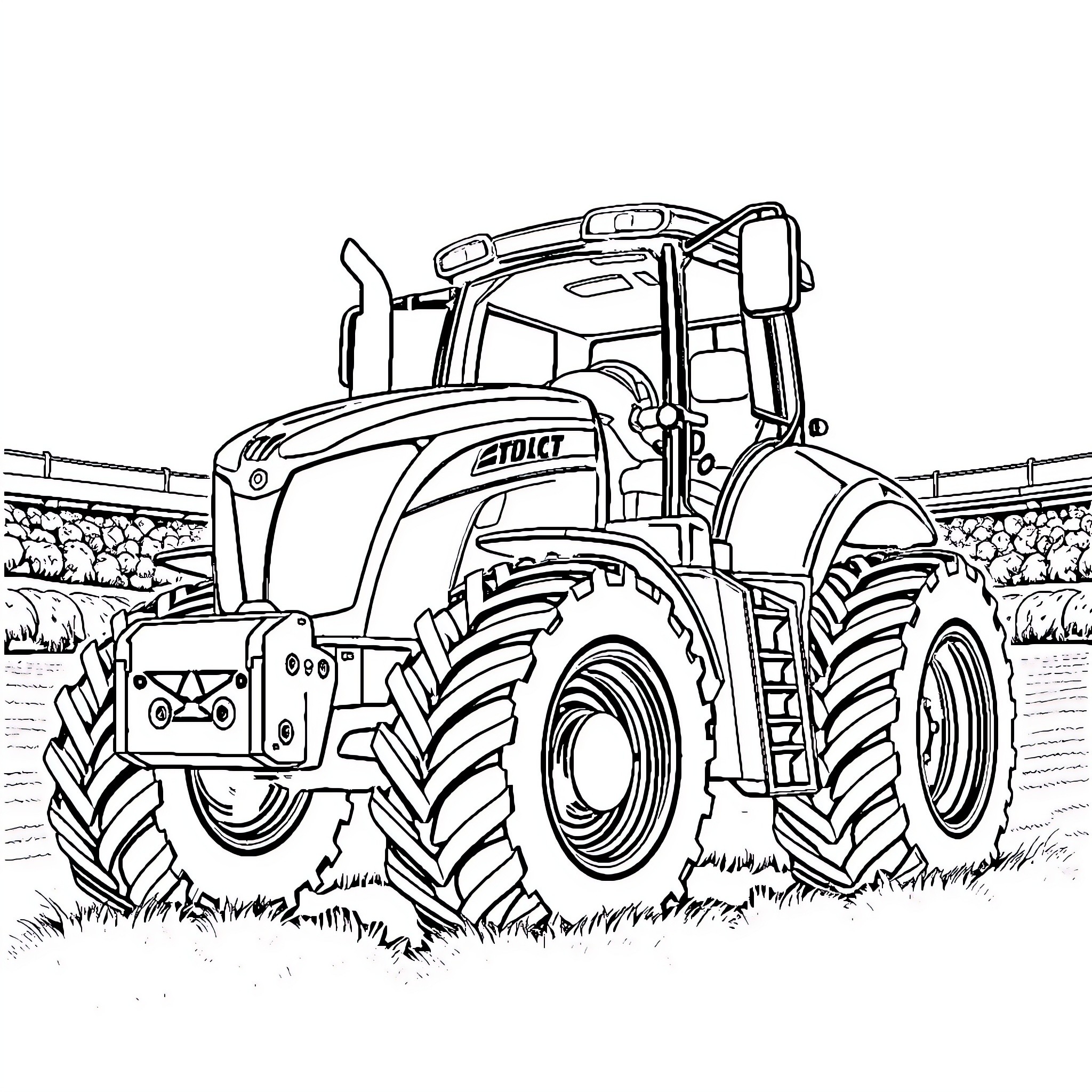 Tractor plowing through grassy field Coloring Page (free black-and-white line drawing printable PDF for all, from beginners to advanced learners, including children, teens, adults, and seniors)