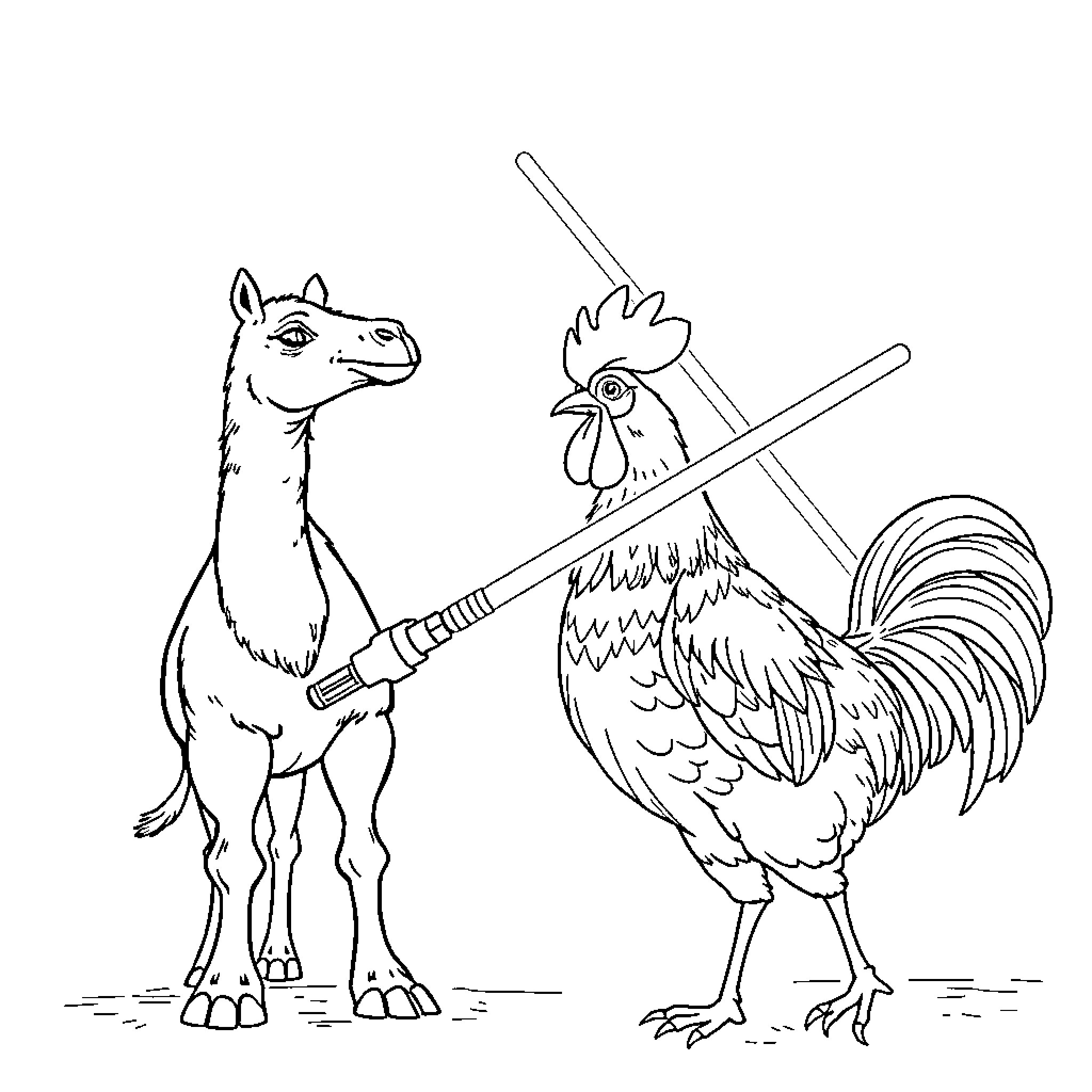 Camel and rooster carrying brooms Coloring Page (free black-and-white line drawing printable PDF for all, from beginners to advanced learners, including children, teens, adults, and seniors)